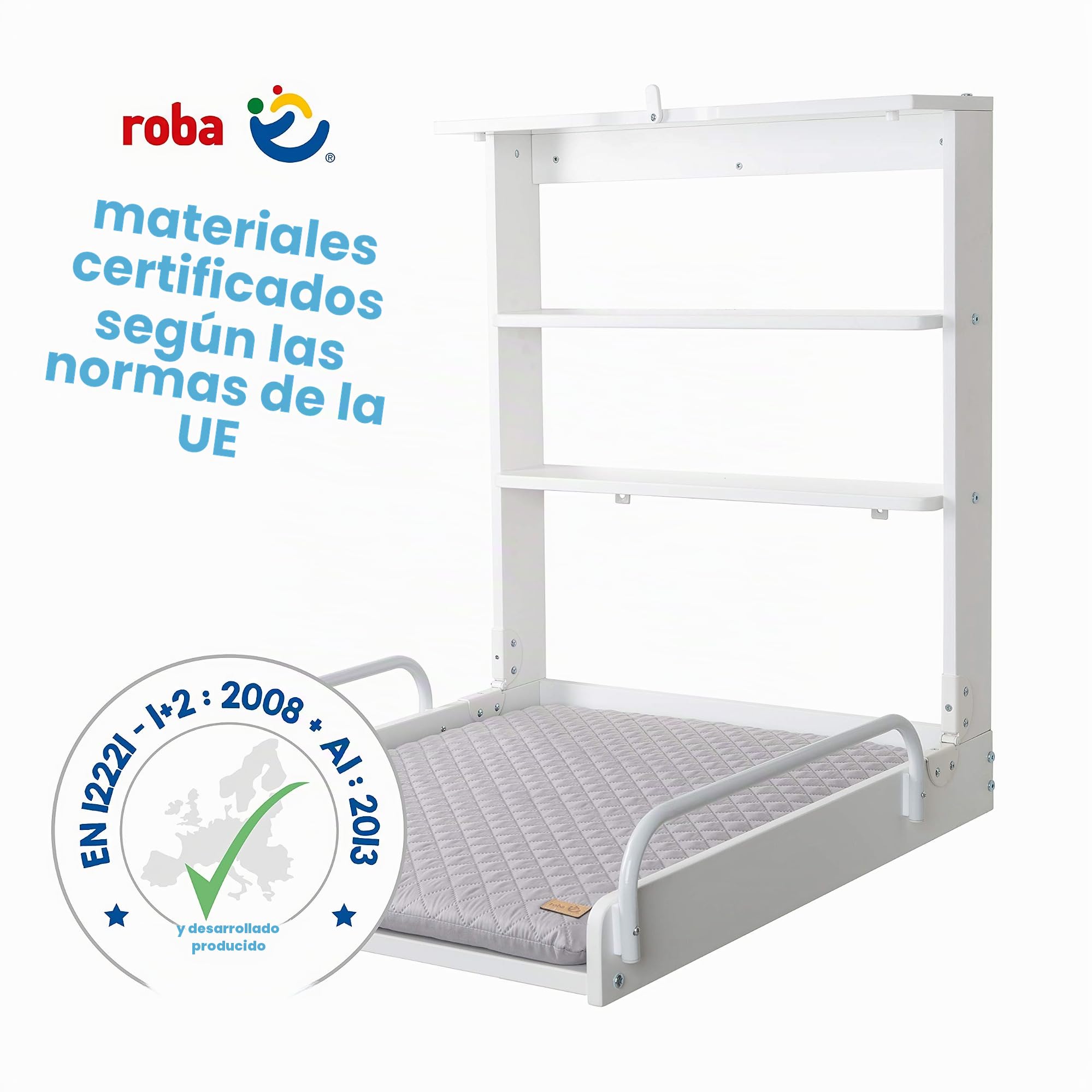 roba Cambiador de Pared Plegable + Colchón para Bebés Impermeable roba Style Gris - Soporta hasta 15 kg - Madera Blanca