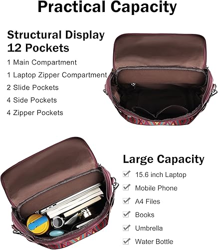 Miniatura 4 de FADEON Mochila para computadora portátil para mujer, mochila de viaje de cuero con compartimento para portátil, bolsa de hombro de PU de diseñador