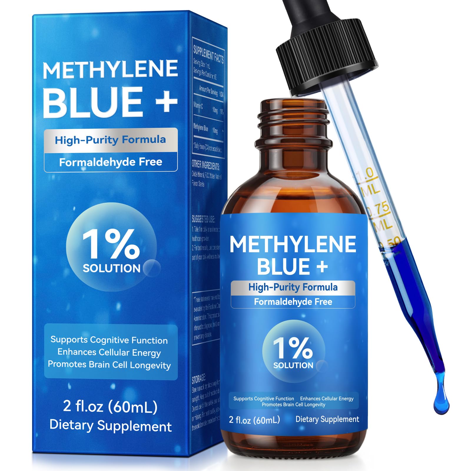 Methylene Blue 1% for Brain Health &amp; Cognitive Support, Promotes The Body's Metabolism for Increased Absorption, Enhances Memory &amp; Focus, No Formaldehyde, 60ml (2 Month Supply)