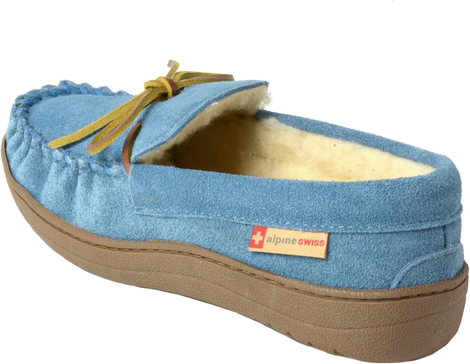 Alpine Swiss Sabine Womens Moccasin Slippers Genuine Suede House Shoe Memory Foam Insole Plush Faux Shearling Fur Indoor Outdoor Anti-Slip Rubber Sole 8 Blue image 7 of 7 B074XZXKB5