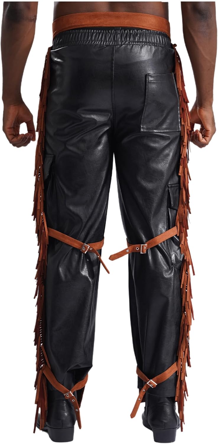 Freebily Mens Suede Fringe Cowboy Chaps Tassels Cowboy Western Pants Halloween Costume Outfits