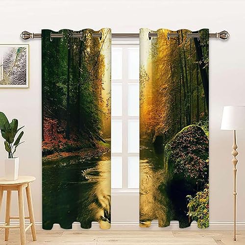 Miniatura 2 de MizuH Apartamento Cortinas opacas para sala de estar, aislamiento térmico, ojales, cortinas de río brumoso, otoño, vista al bosque, 2 paneles de 39
