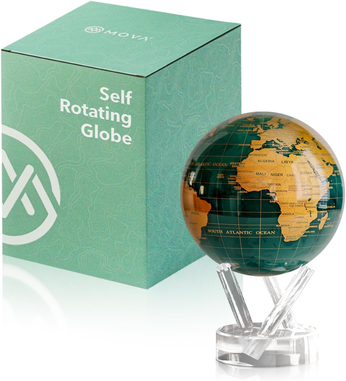 Globe Green and Gold 4.5" with Base, Solar Powered Rotating Globe No Need of Battery or Chord, Unique Gift and Decoration
