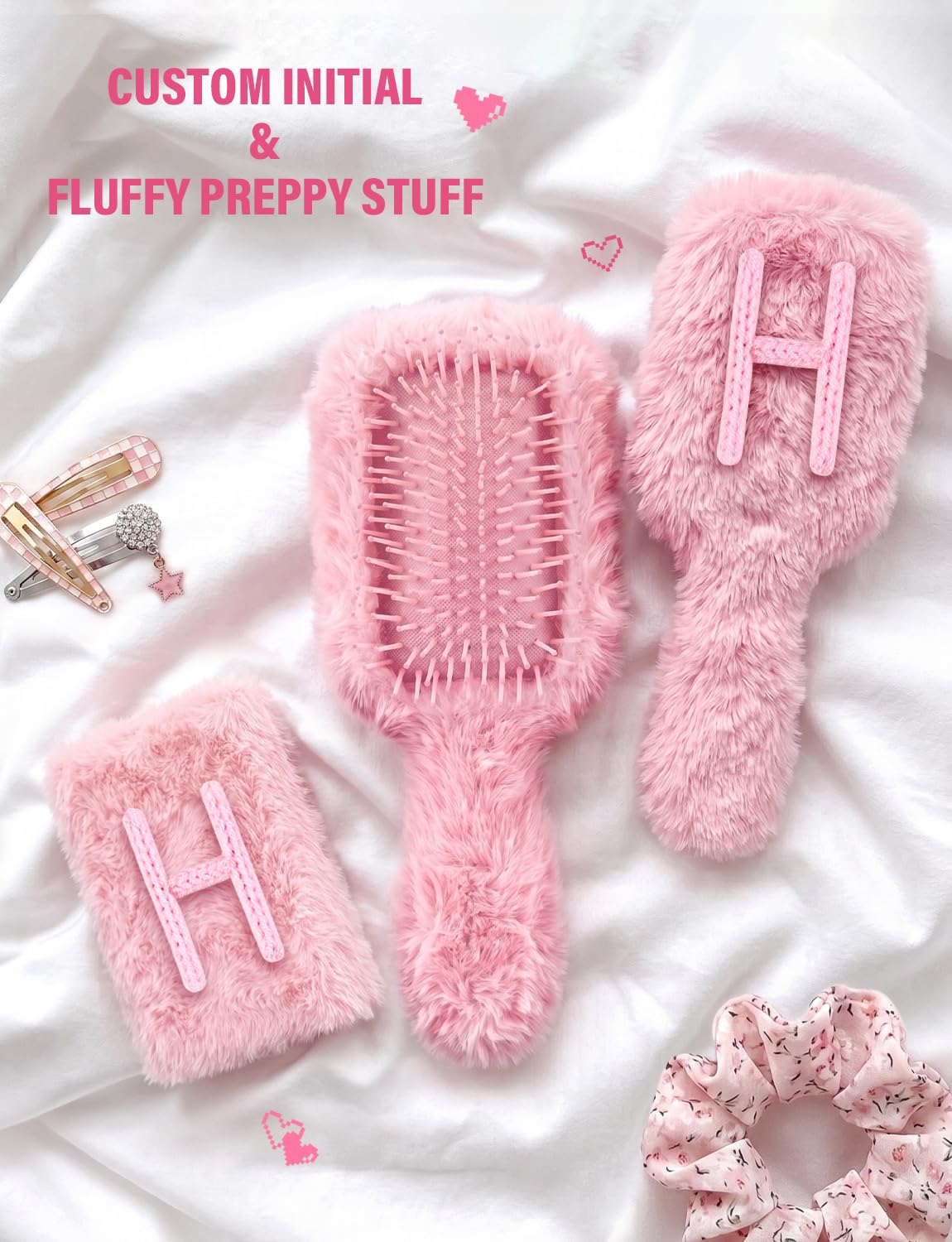 Personalized Plush Hair Brush & Compact Mirror, Cute Stuff Gifts for Girls