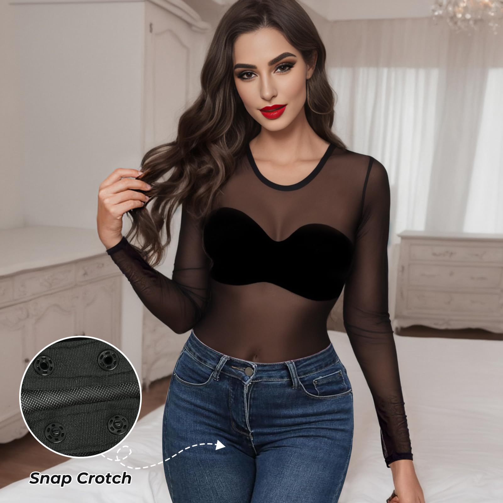 Buauty Body de malla de manga larga para mujer, parte superior de malla transparente, cuello redondo, leotardo transparente con entrepierna a presión, ropa de club