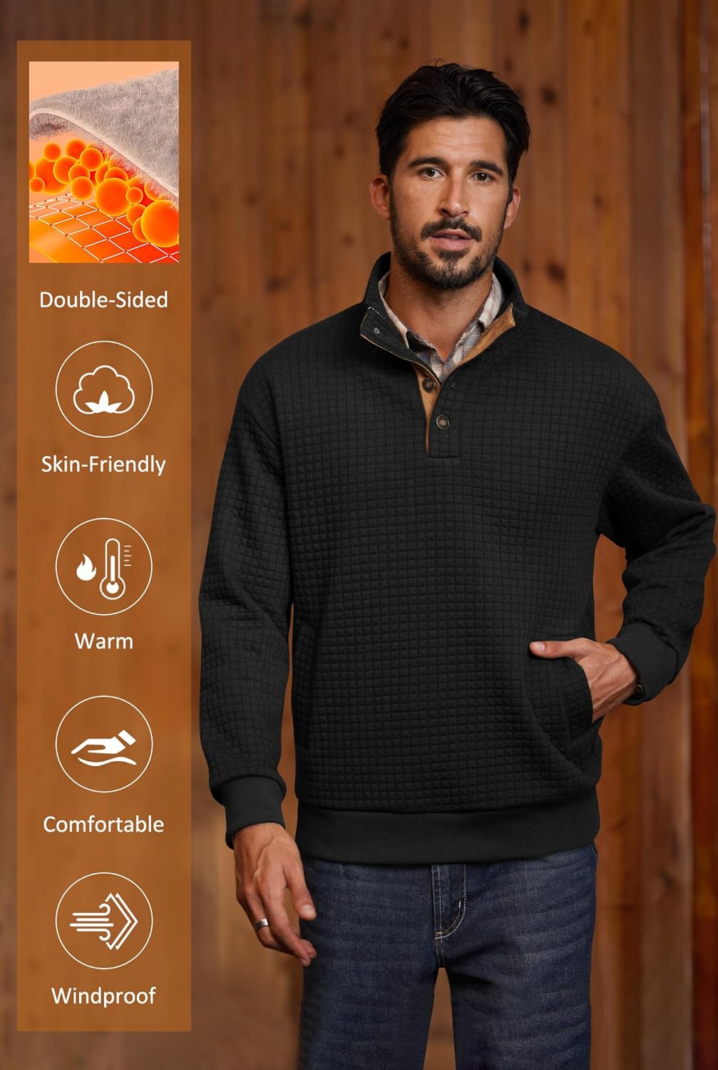 Men's Thermal Fleece-Lined Sweatshirt Textured Heavyweight Elbow Patches Pullover with Pocket (S-2XL) - Image 5