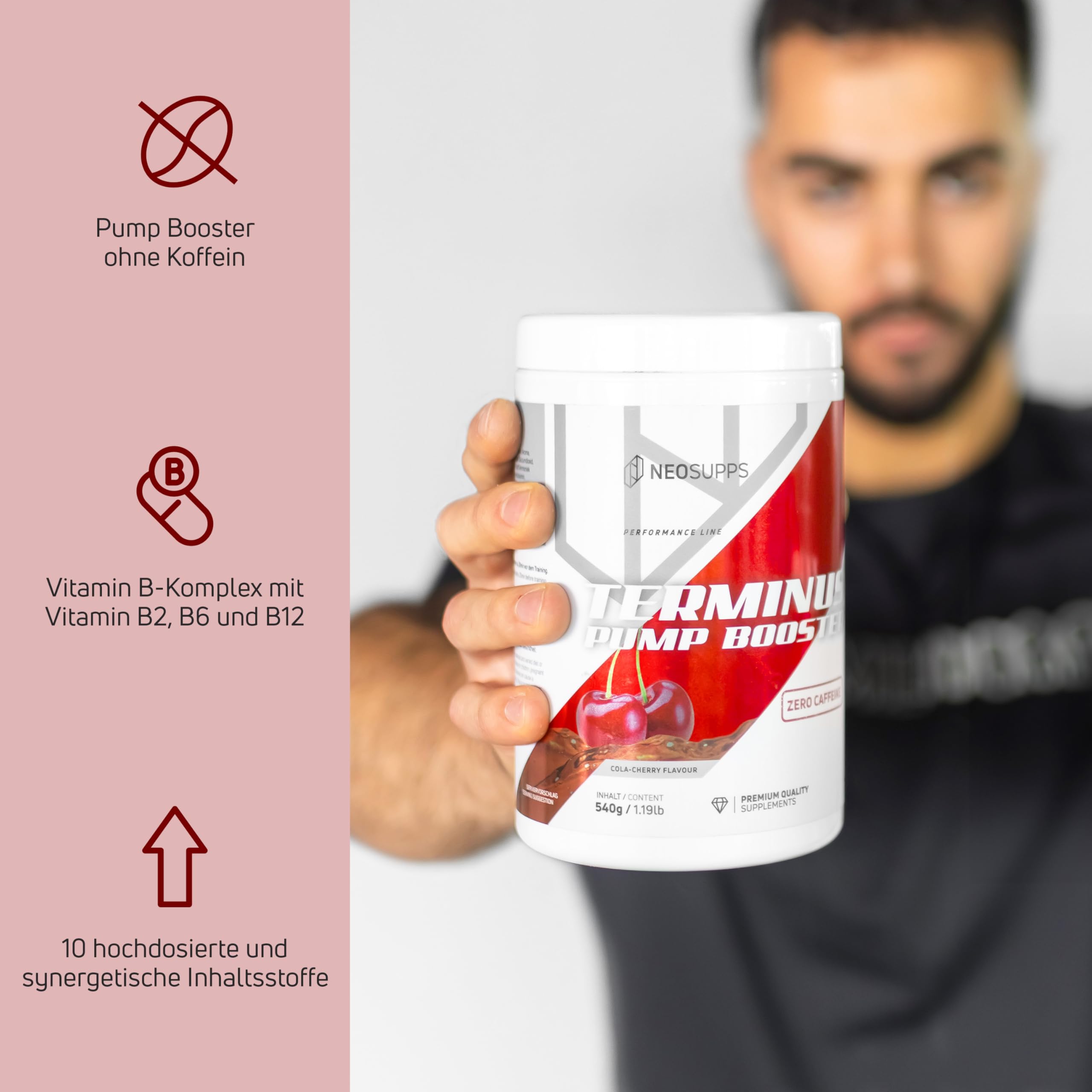 NEOSUPPS Pre Workout Booster Terminus PUMP XXL Cola Kirsche 540g, ohne Koffein, Booster, Vegan, Fitness & Gym, Pump & Fokus, geprüfte Qualität, 8.000 mg L-Citrullin, 20 Portionen