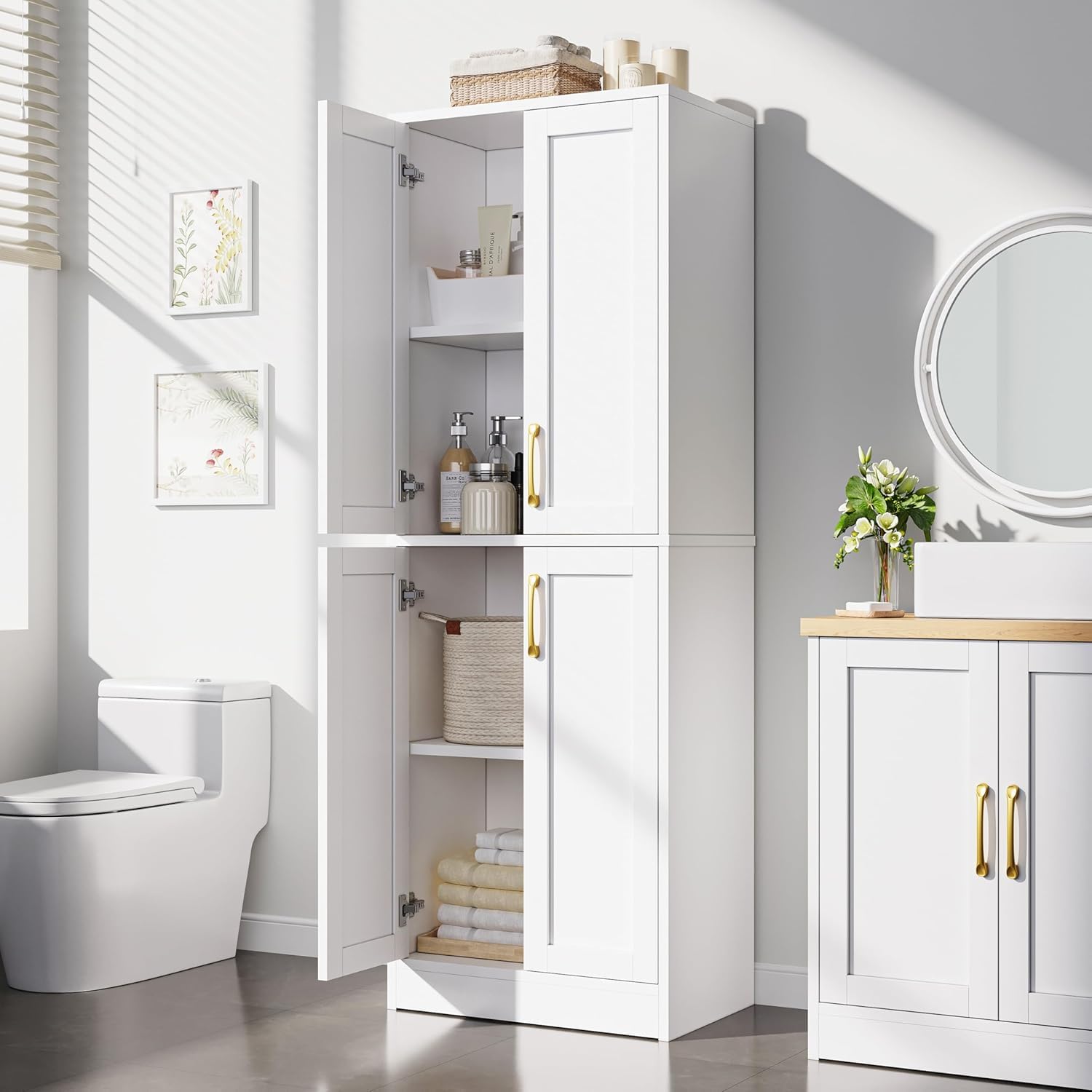 Cupboard, Tall Kitchen Cabinet Cupboards, Wooden Storage Cabinet Hallway Storage Unit, Freestanding Sideboard Wardrobe with Doors & Adjustable Shelves for Living Room (White, Barn Door Style)