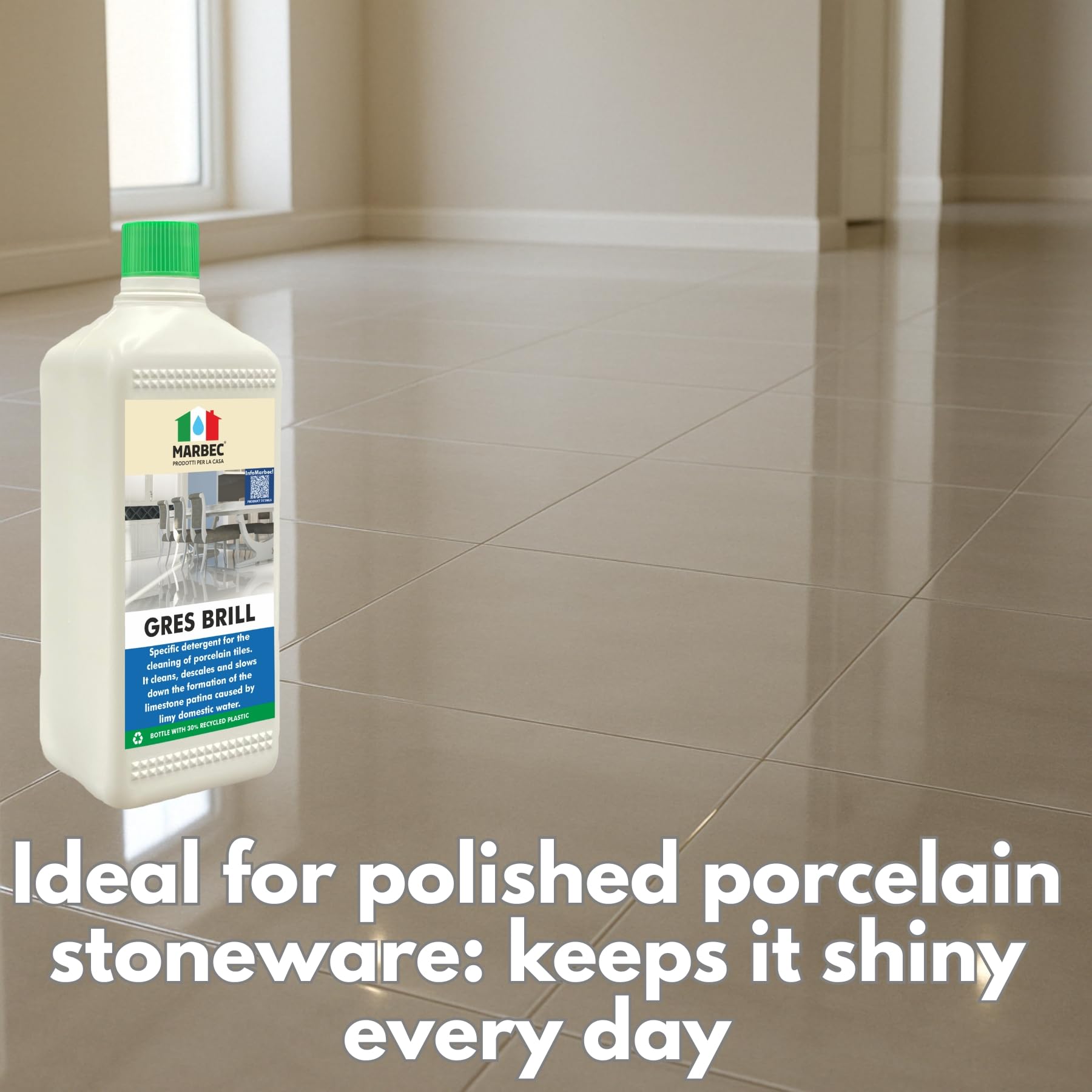 MARBEC GRES BRILL 5LT Detergente específico para la limpieza de gres porcelánico. Limpia, desincrusta y ralentiza la formación de cal causada por el agua doméstica.