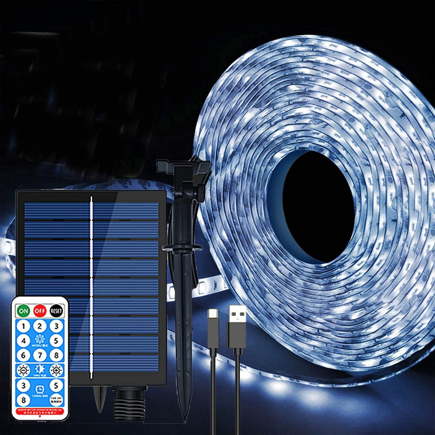 Striscia LED Solare Esterni 10m 240LED luminosa solare Impermeabile flessibile nastro LED con telecomando a 8 modalità,Catena Luminosa decorazione per giardino,alberi di Natale (Bianco)