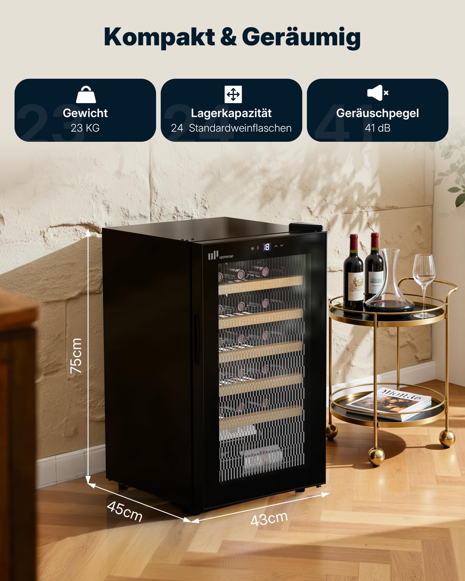 Upstreman Weinkühlschrank 24 Flaschen 5°C-20°C einstellbar Einbau Unterbau Doppelverglasung Touch-Display LED-Beleuchtung W24-Schwarz