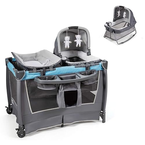 Miniatura 16 de HONEY JOY 5 en 1 Pack and Play con moisés, centro de guardería infantil Pack and Play con cuna para recién nacidos y juguetes colgantes, bolsa de