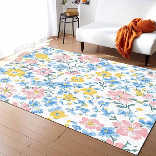 Indoor Outdoor Area Rug, Yellow Pink Blue Flower Leaves Non-Slip Living Room Rug