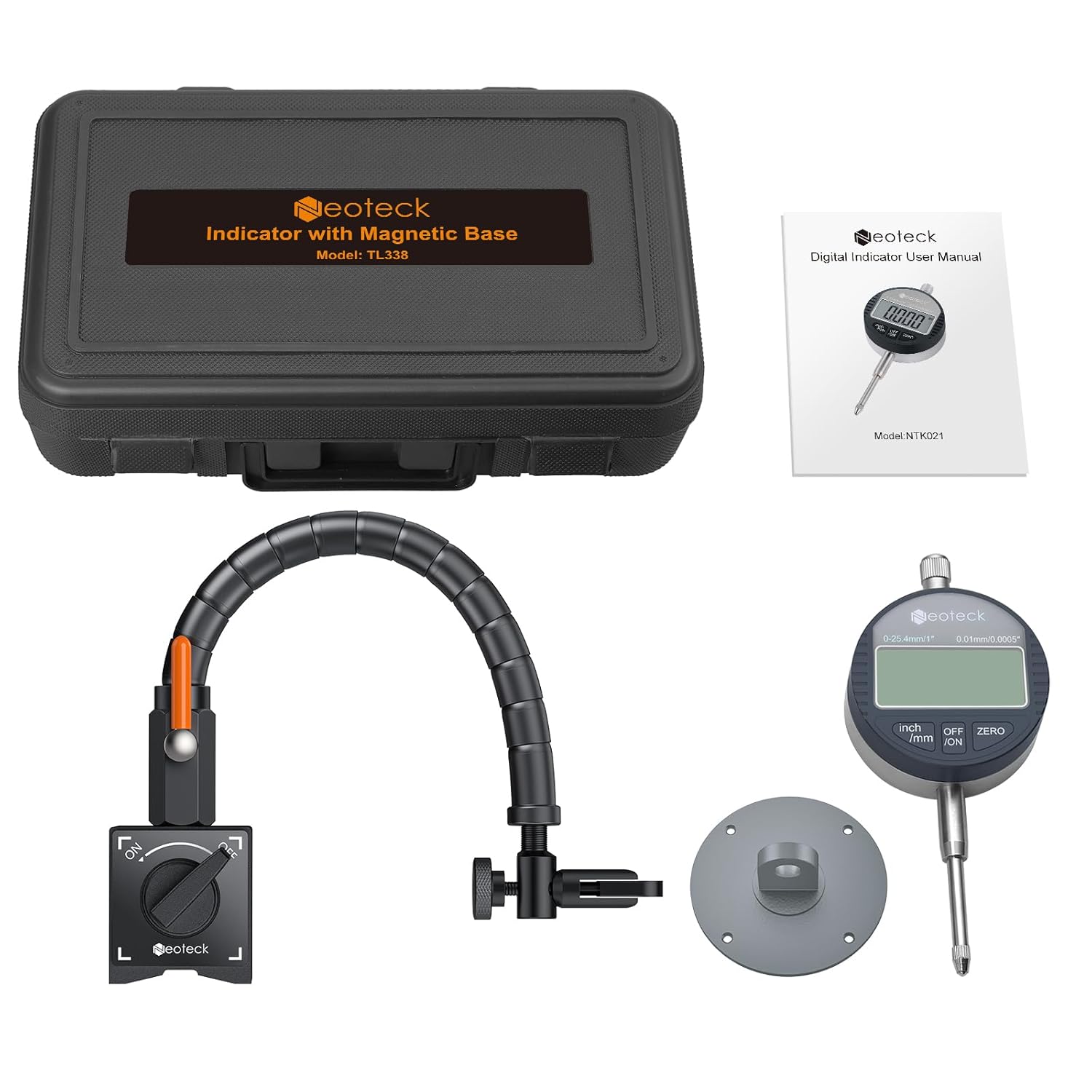 Neoteck 0-1"/ 0.0005" Digital Indicator with 13.5" Flexible Arm 176lbs Max Pull Magnetic Base Digital Dial Indicator Set Widely Used in 3D Printer and Automotive Maintenance