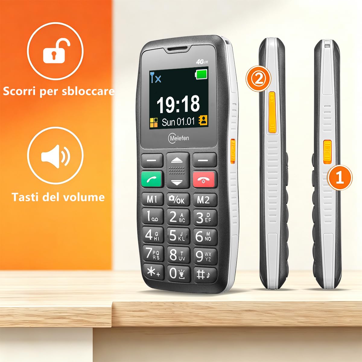 Telefono 4G per Anziani,Tasti Grandi,SOS,Base di Ricarica,Blocco Laterale | Senza Contratto,Facile da Usare,Chiamata Rapida M1/M2,Volume Alto,Ricarica USB-C,Radio FM,Torcia LED