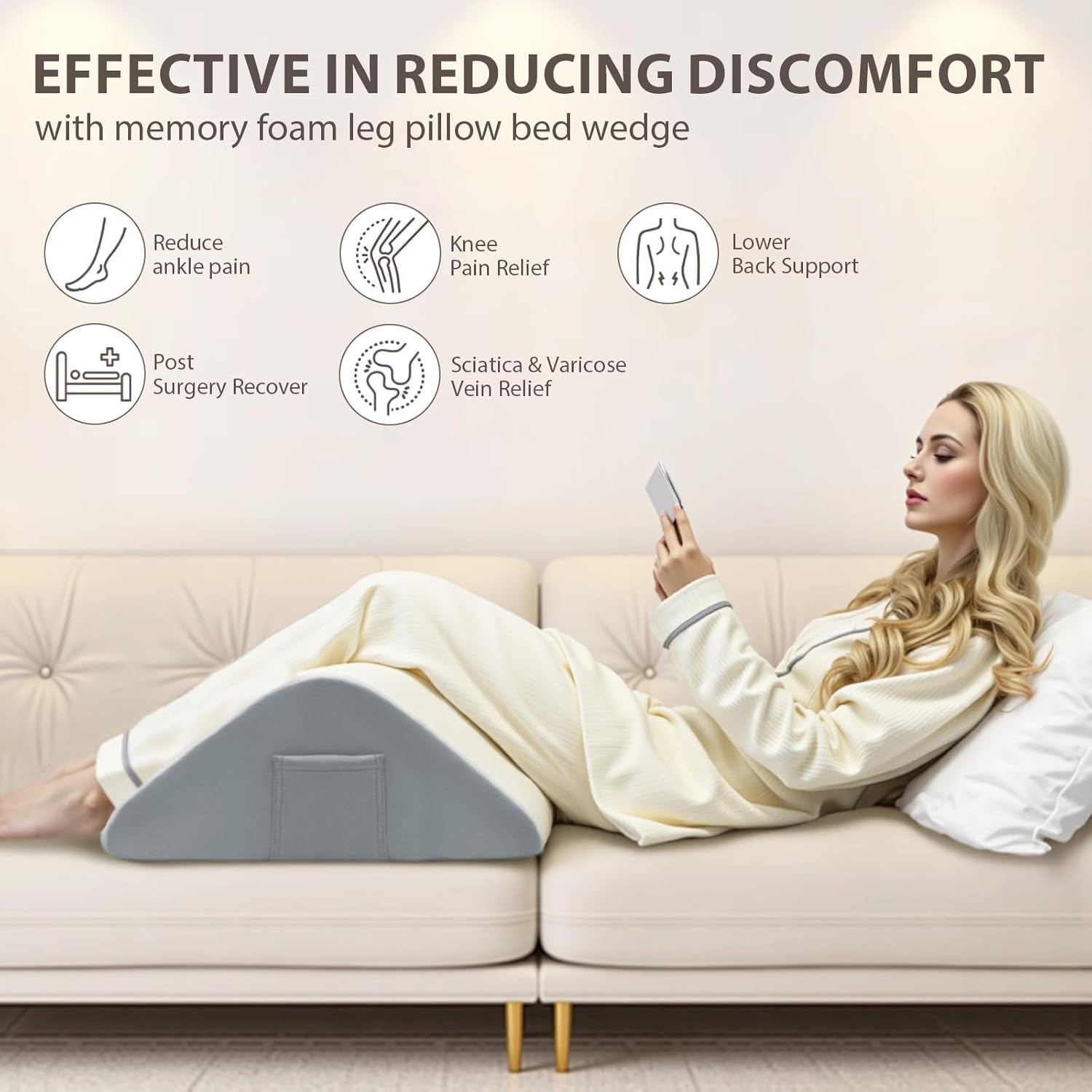 Memory Foam Knee Pillow, Quilted White Cover with Gray Base, Orthopedic Support