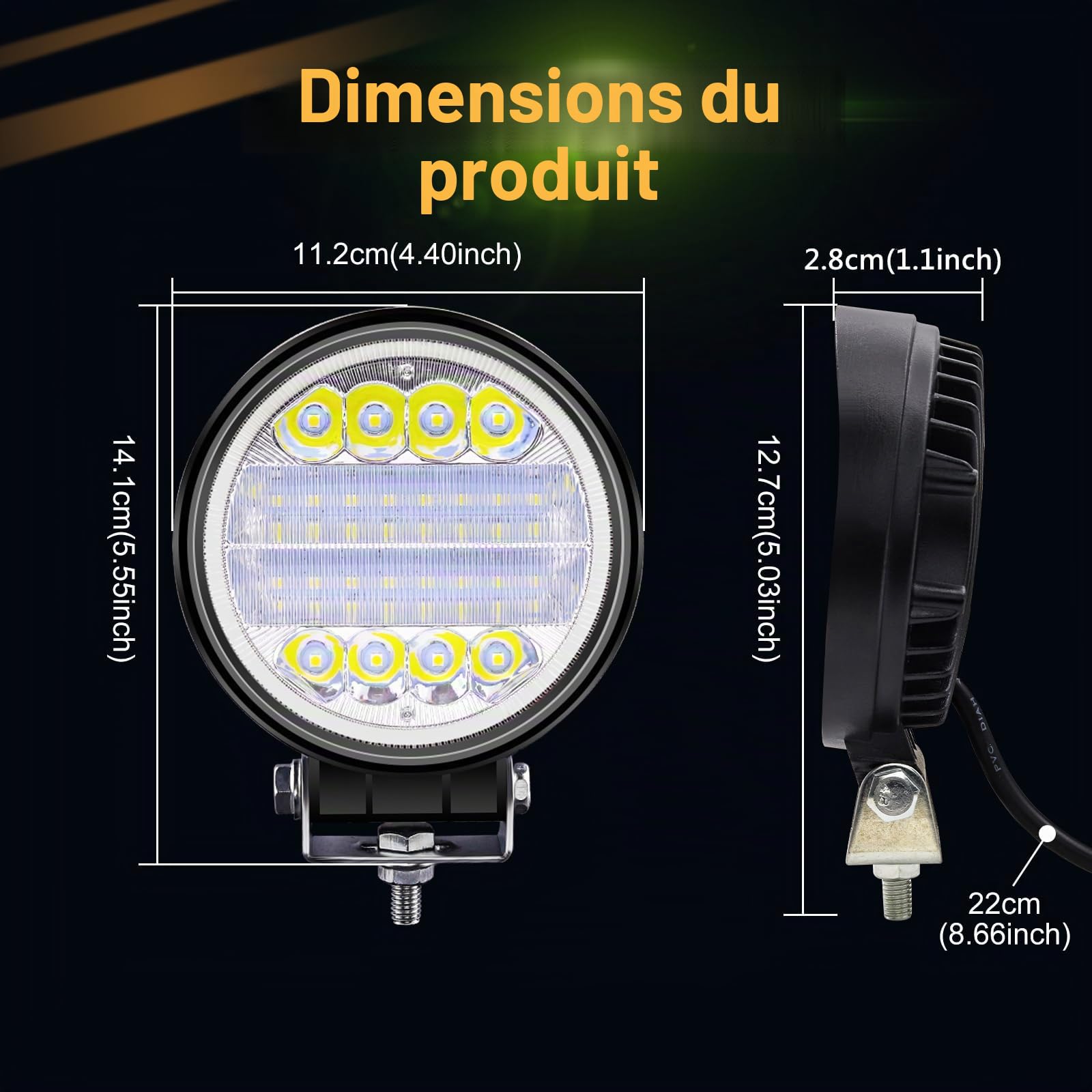 Phare de Travail LED, 4,5 Pouces Projecteur LED avec Bleu Angel Eyes 12V 24V Etanche Feux Antibrouillard pour 4x4 Voiture Camion Tracteur SUV, 4PCS