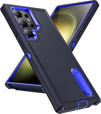 for Galaxy S24 Ultra Case with Kickstand Case 3-Layer Military Grade Protective Cover Silicone Shockproof for Samsung Galaxy S24 Ultra Phone Case Navy+Blue
