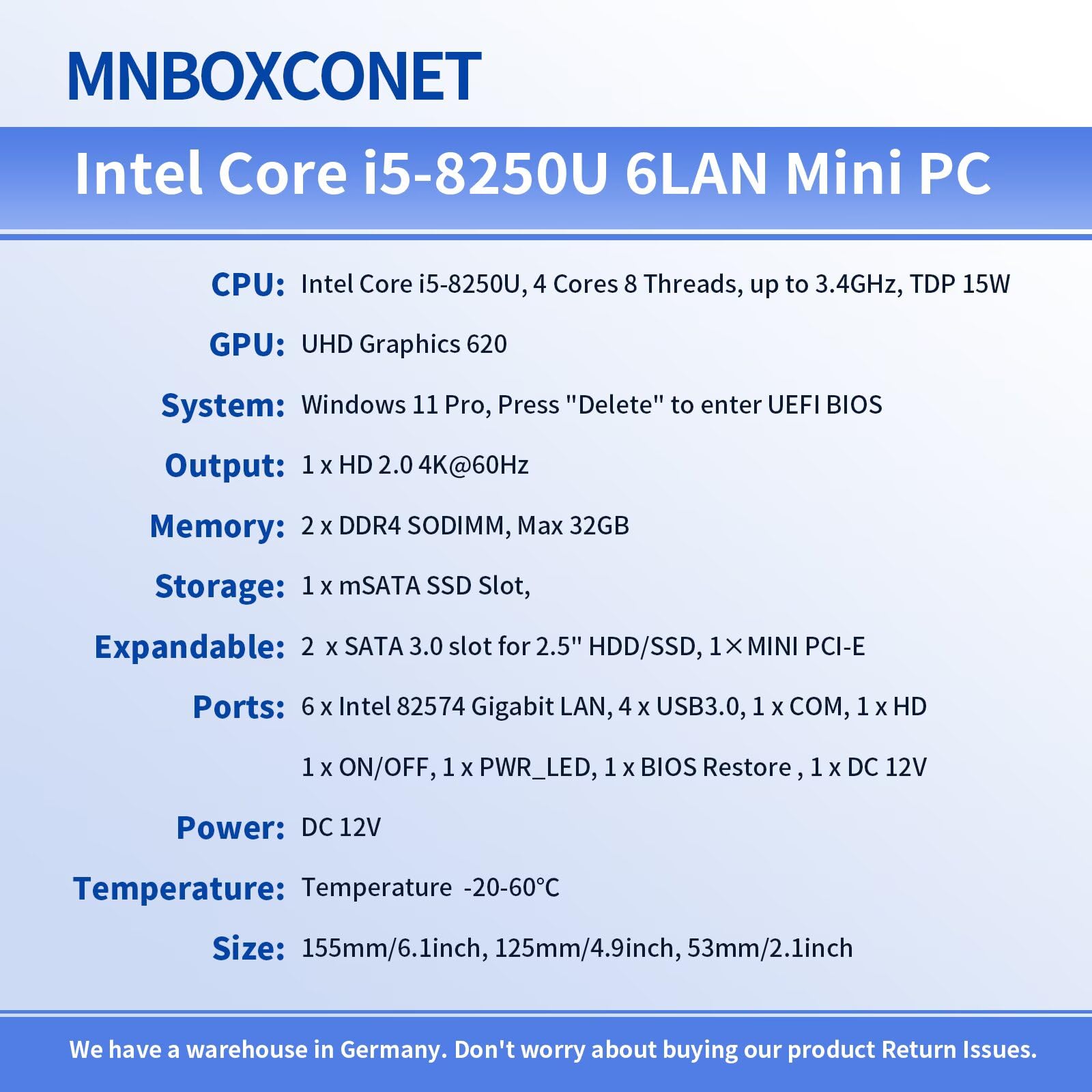 Mini PC Core i5 8250U Firewall Fanless (up to 3.4GHz), Dual DDR4 Barebone Micro Appliance Hardware Computer 6 x SPF LAN, Windows, OPNsense, COM, 4xUSB3.0, AES-NI