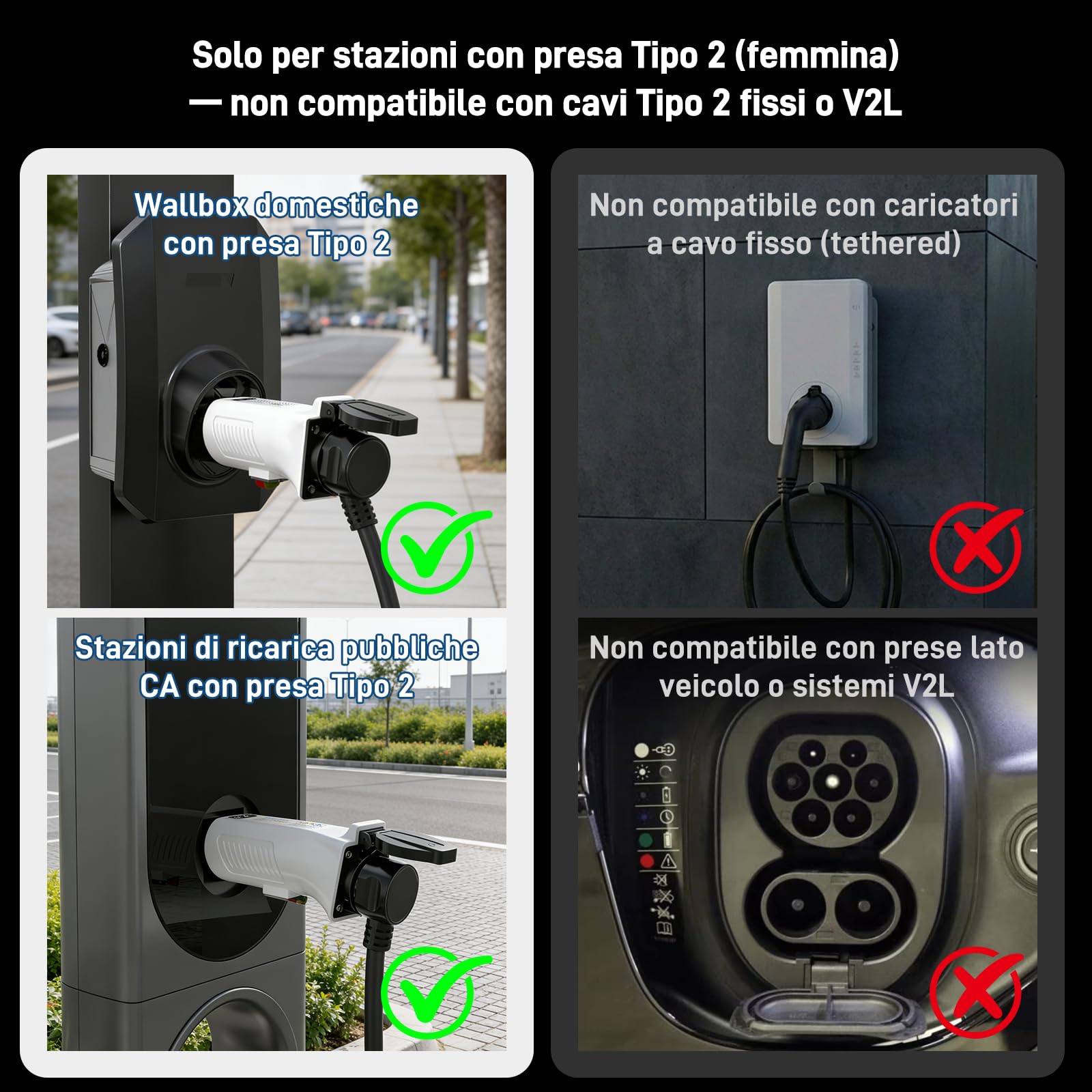 Adattatore Tipo 2 a Schuko per Colonnine di Ricarica & Wallbox (230 V, 16 A, 3,68 kW, IP44) | Spina Tipo 2 a Presa Schuko per E-Bike, Monopattini, Moto e Microcar Elettriche (non per V2L)