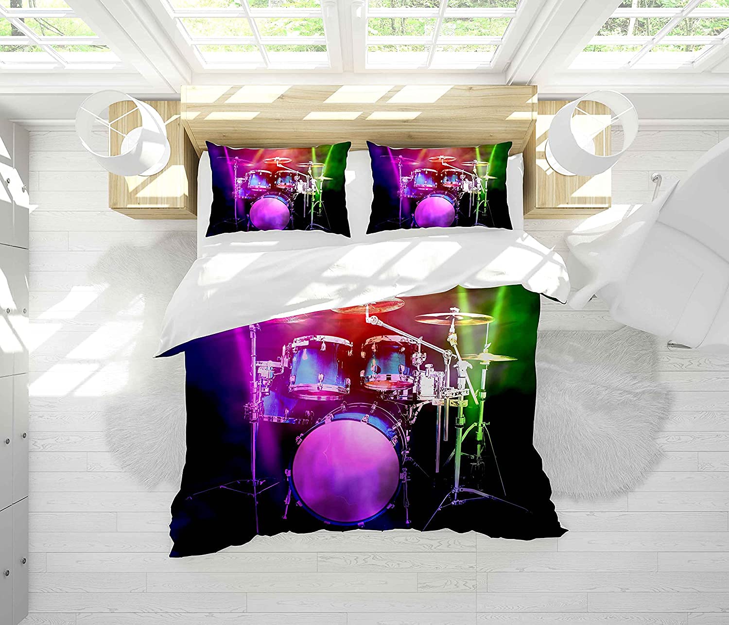 Juego de ropa de cama con diseño de tambor de plumón, con temática musical, para niños y niñas, con purpurina colorida, tamaño king