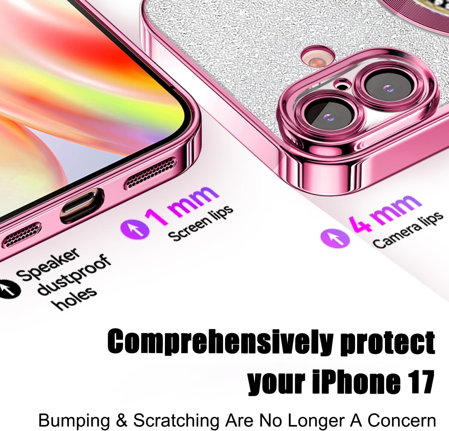 Misscase for iPhone 17 Magnetic Glitter Case Compatible with MagSafe,Full Protection Slim Shockproof Anti-Scratch Case with Camera Lens Protector Plating Bling Dust-Proof Net for Women Pink - Image 7