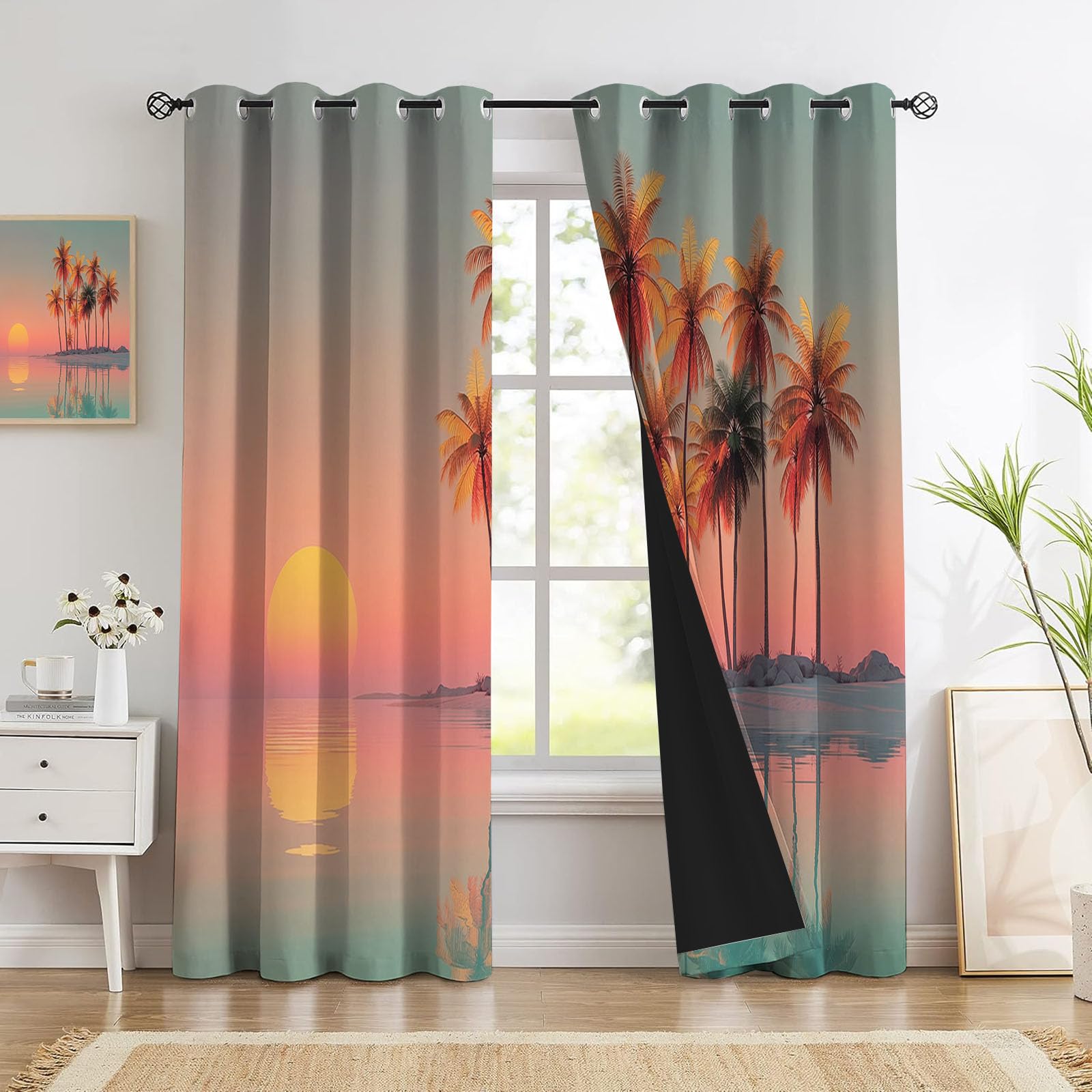 140L X 240H cm Rideau Occultant Palmiers De Plage, Lot de 2 Rideaux Motif Paysage Insulaire, Rideau Moderne Thermique Isolant à Oeillets, Decoration Chambre Salon Fenetre