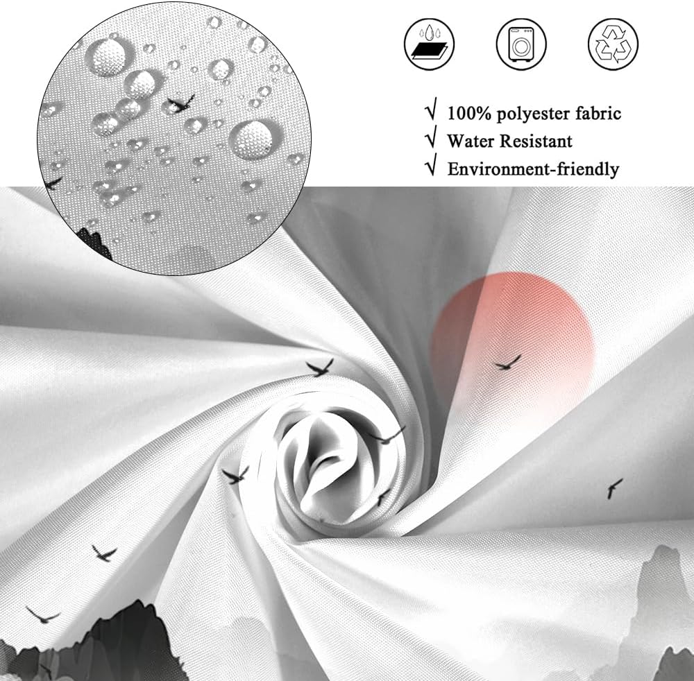 Chinese Ink Painting Shower Curtain Watercolor Black Mountain Pavilion Red Sun Flying Bird Trees Nature for Bathroom Set Decor Machine Washable Waterproof Polyester Fabric with Hooks 72x72 Inch