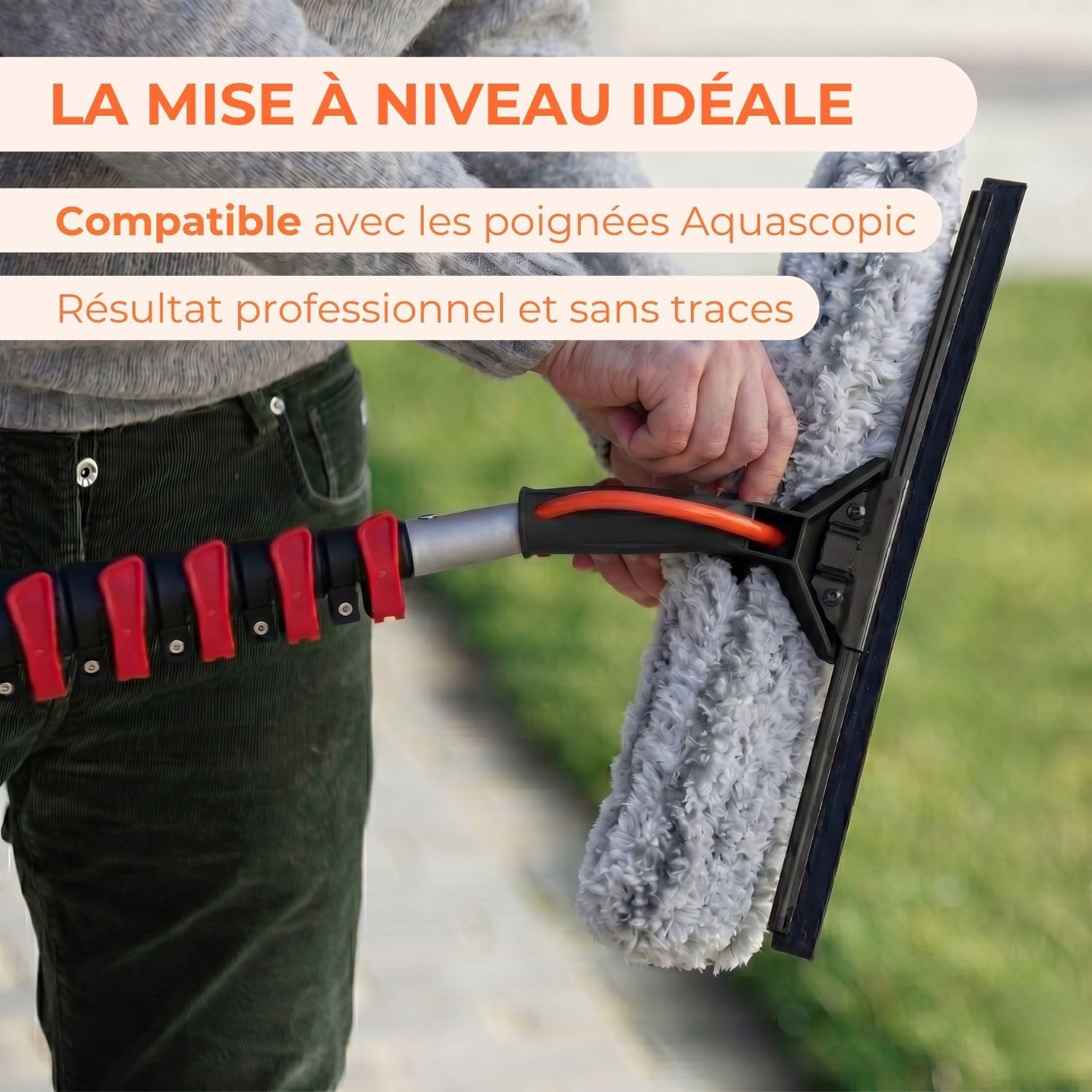 Aquascopic Mouilleur Raclette 2-en-1 avec Passage d’Eau - Nettoyage & Séchage Vitres - Microfibre Professionnelle - Compatible Perche Télescopique - Résultat sans Traces