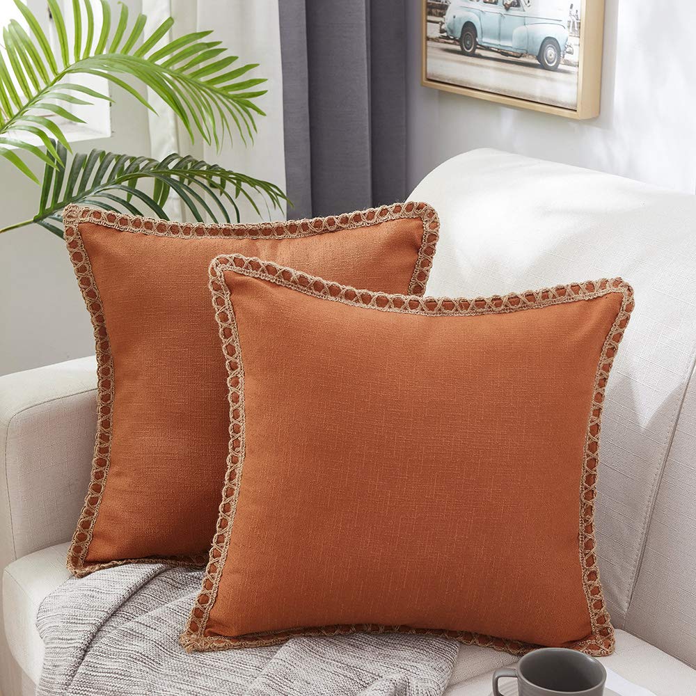 MERNETTEPack of 2, Burlap Linen Farmhouse Decorative Square Throw Pillow Cover Cushion Covers Pillowcase, Home Decor Decorations For Sofa Couch Bed Chair 24x24 Inch/60x60 cm (Burnt Henna)