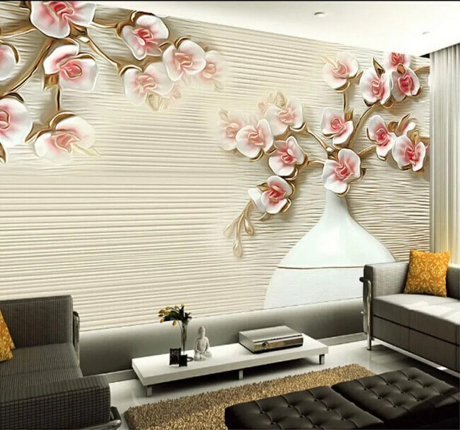 Beautiful Relief Vase Flowers Art 3D Wallpaper Easy Install Feature Office Living Room Sofa Bedroom TV Background Wall Decoration-350cm×256cm
