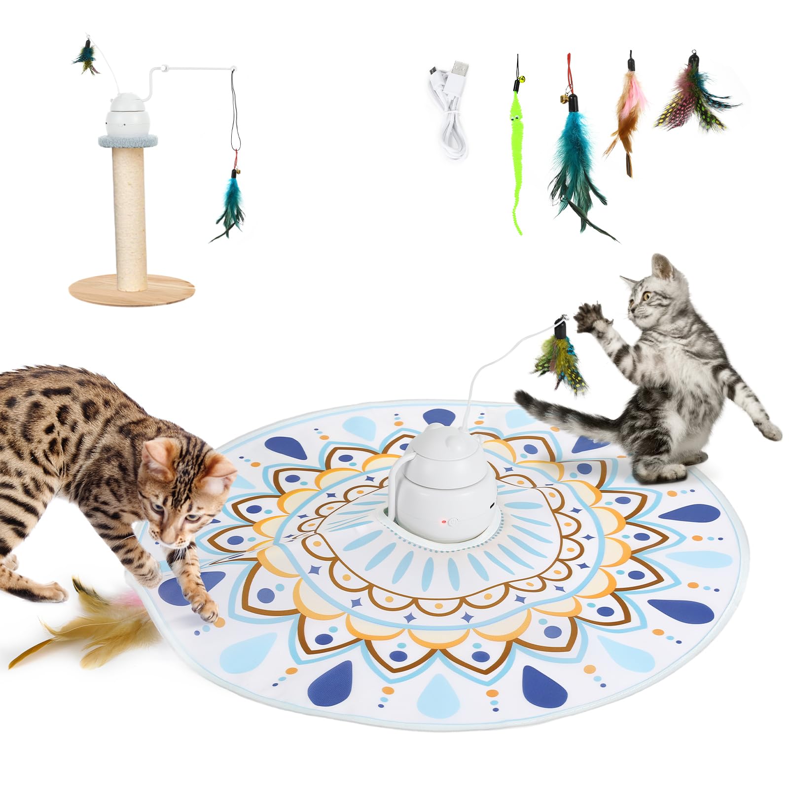 Lewondr Interactive Cat Toy for Indoor Cats, Motion Activated Electronic Automatic Cat Toy, Rechargeable Hide and Seek Cat Wand Toy with Chasing Feathers & 3 Modes, Blue Printed