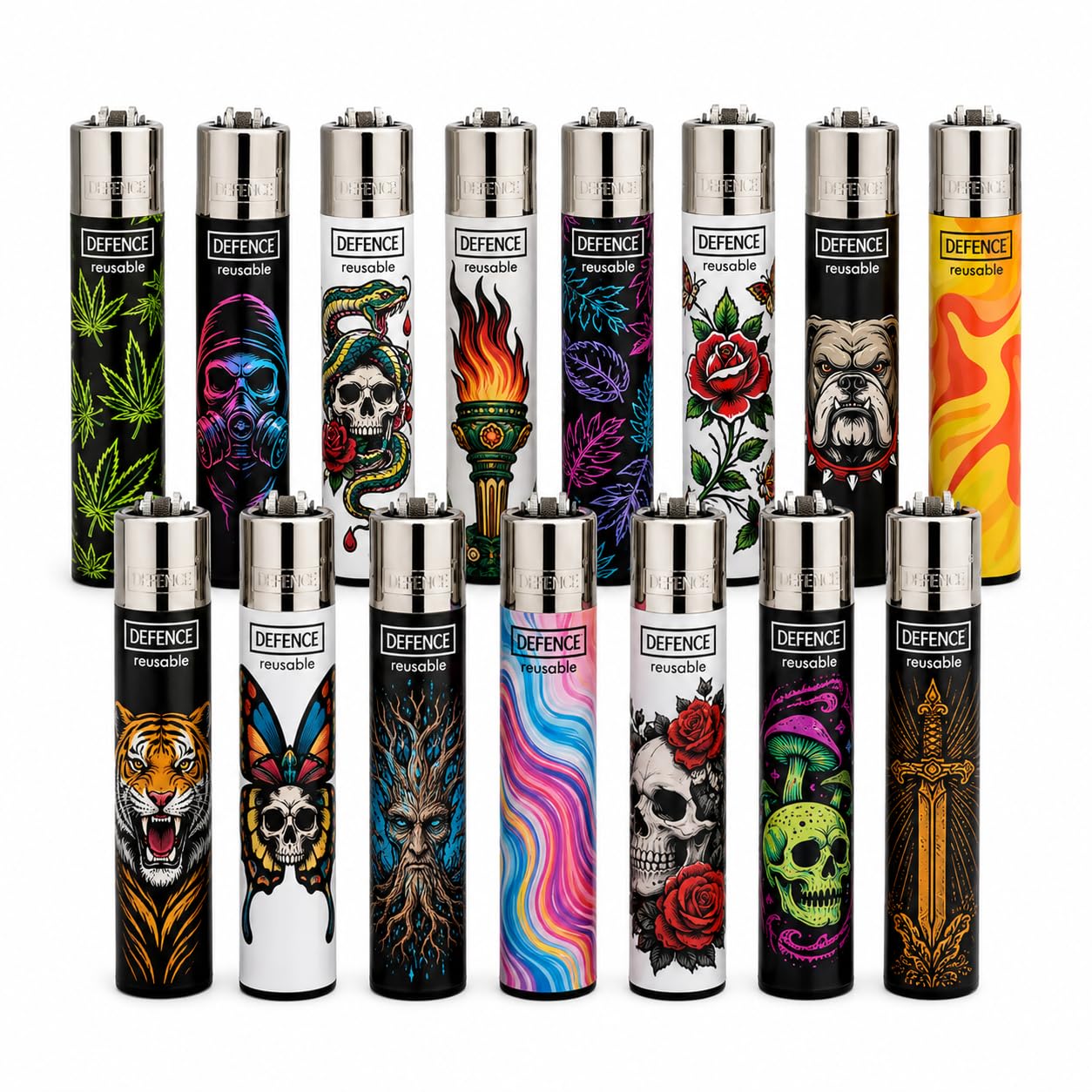 DEFENCE Refillable Flint Wheel Lighters Multipack, Removable Flint System, Assorted Printed Designs for Candles, BBQ, Kitchen & Camping (5)