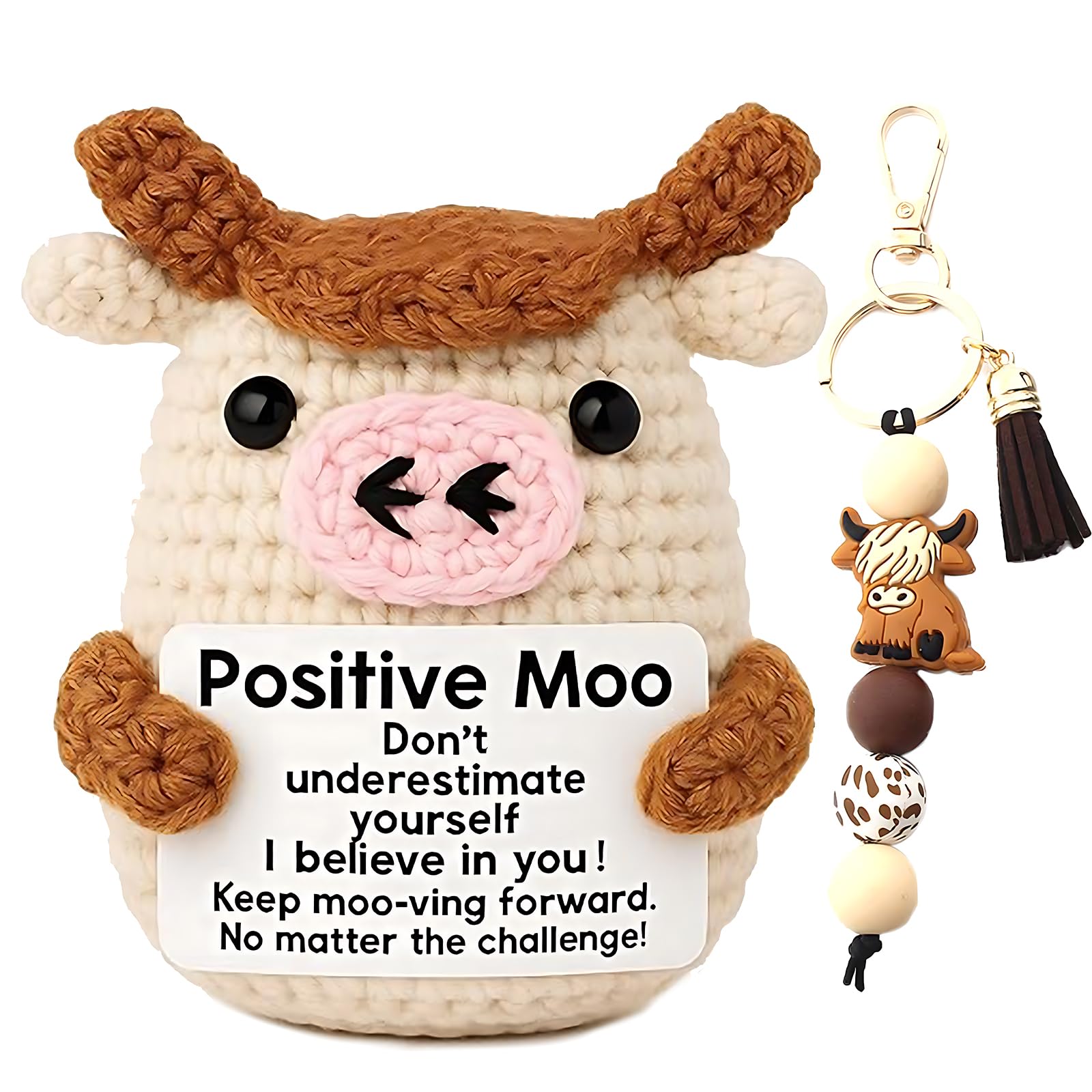 2Pcs Highland Cow Crochet Dolls Gifts with Cow Keyring, Positive Crochet Animals, Cute Knitted Crochet Dolls Soft Plush, Emotional Support Funny Creative Cheer up Keepsake Gift for Friends, Christmas