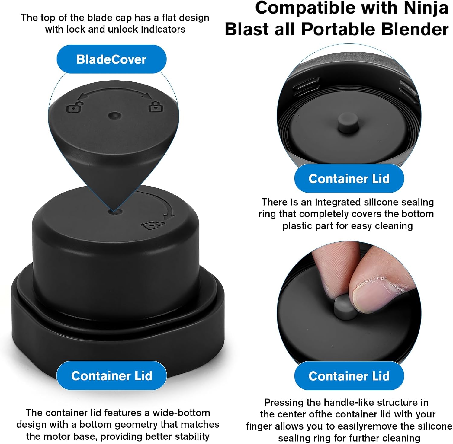 Blade Cover and Vessel Cap for Ninja Blast Portable Blender BC100 Series and BC151 Series, Accessories, Replacement Parts (Black)