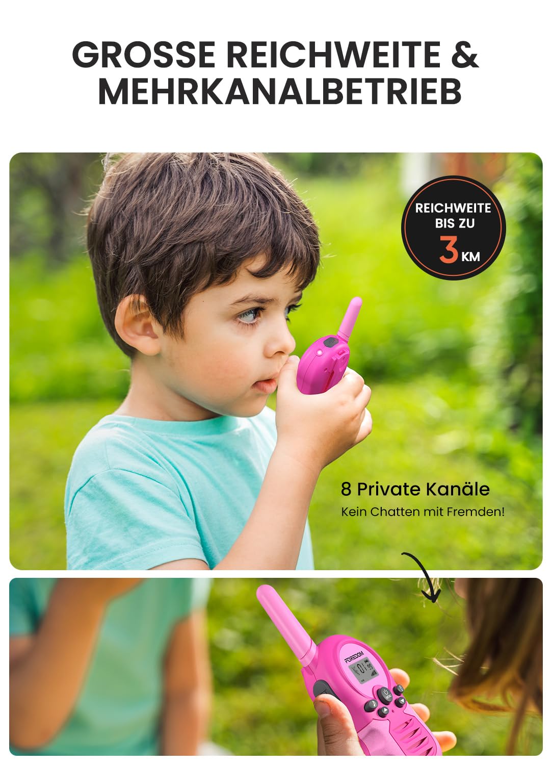 FOREDOM Wiederaufladbare Walkie Talkies für Kinder Walkie Talkies Funkgeräte Set Spielzeug für Jungen & Mädchen 3-12 Jahre, Abenteuer, Camping, Wandern – 2er Set