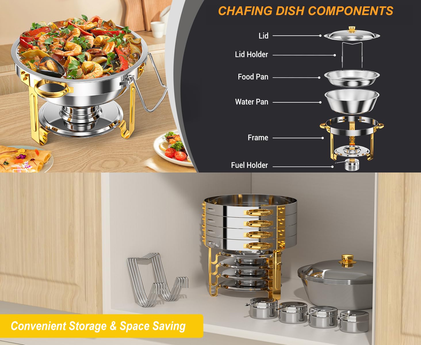 Set di 4 scaldavivande da buffet da 5 litri, in acciaio inox, rotondi, con coperchio in vetro e supporto, scaldavivande per feste, matrimoni, compleanni (vetro argentato)