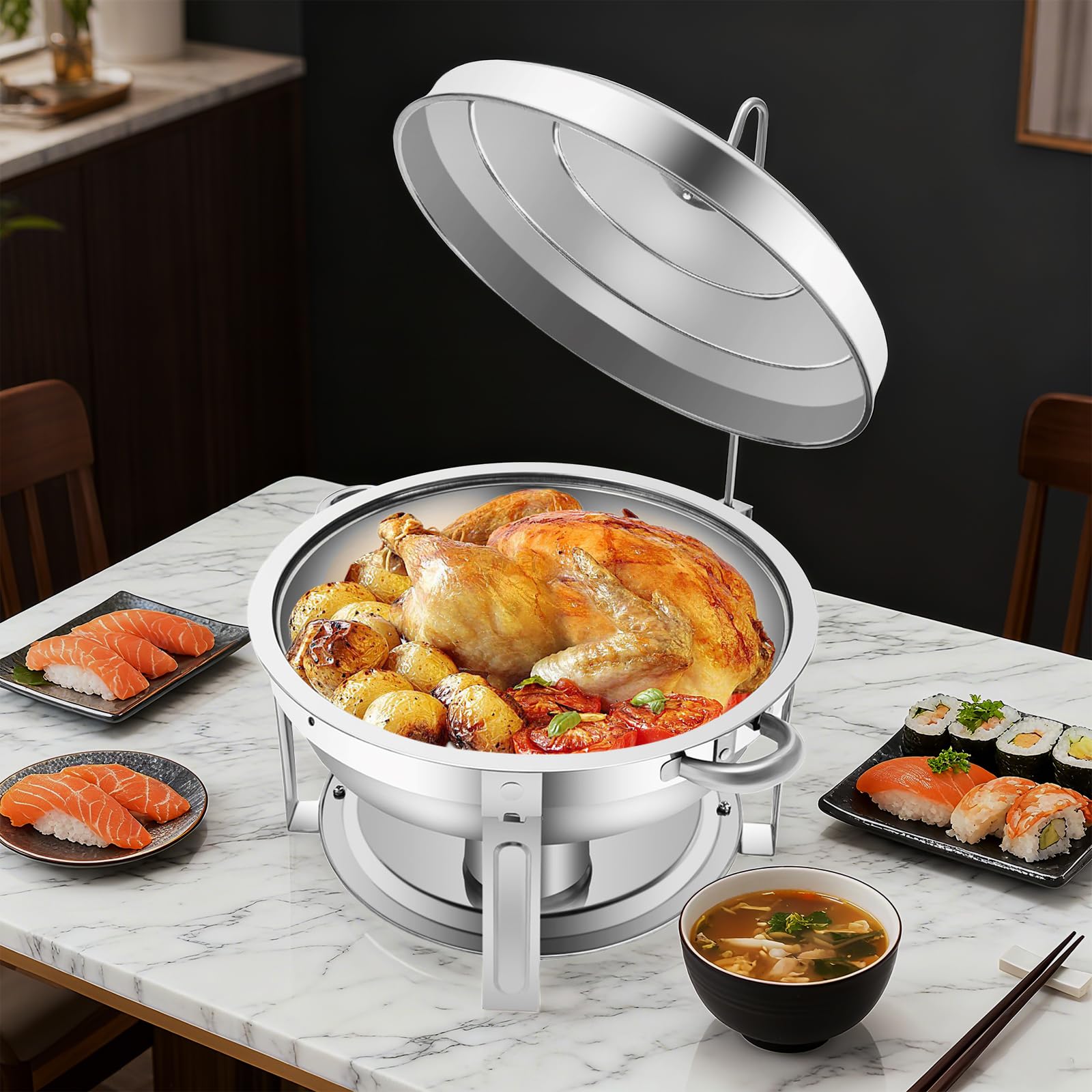 7,5 l Chafing Dish scaldavivande rotondo con coperchio e porta carburante, per buffet catering gastro e feste