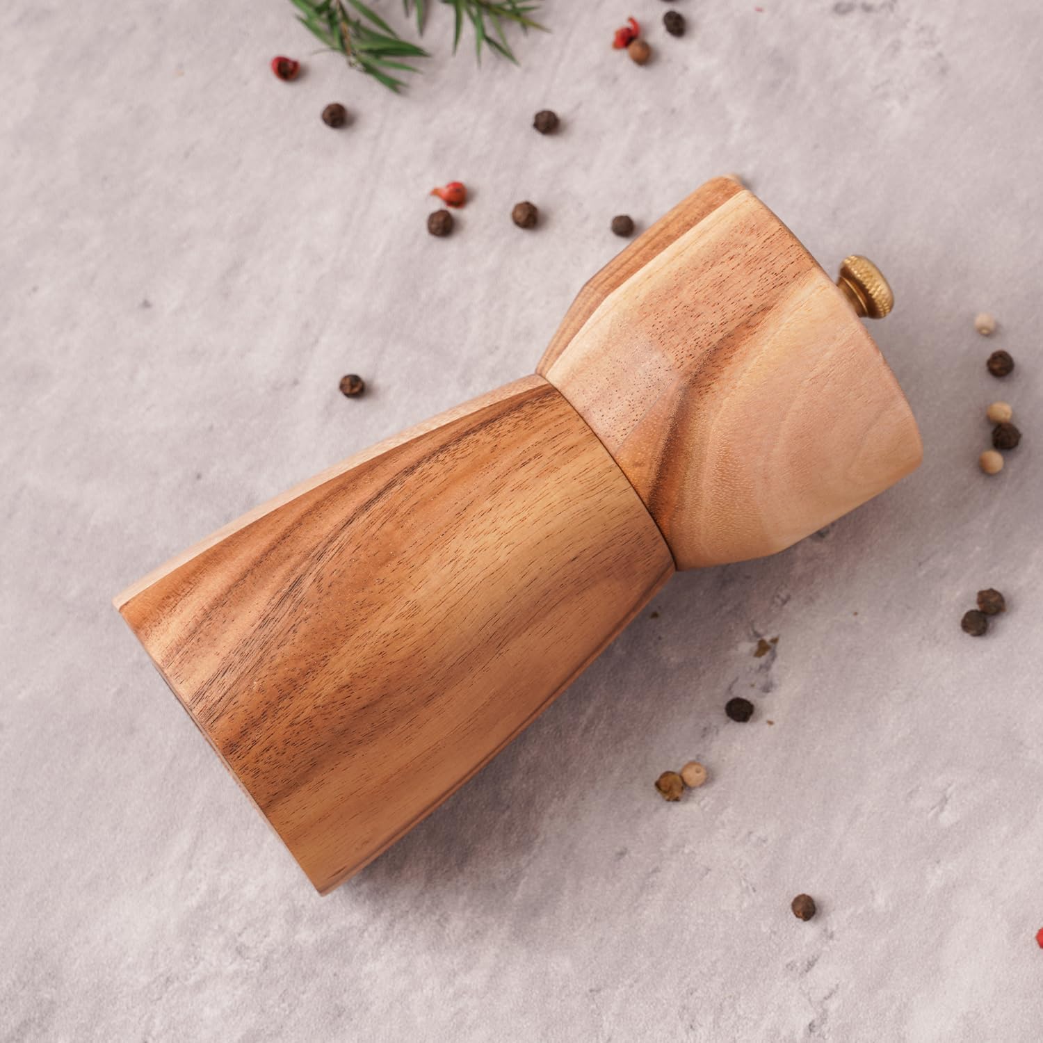 Pepper Grinder, Pepper Mill with Adjustable Stainless Steel, Acacia Wood, 14 cm/5 inch Height, Bottom Dia: 6 cm/2.36 inch (Tray is NOT Included)