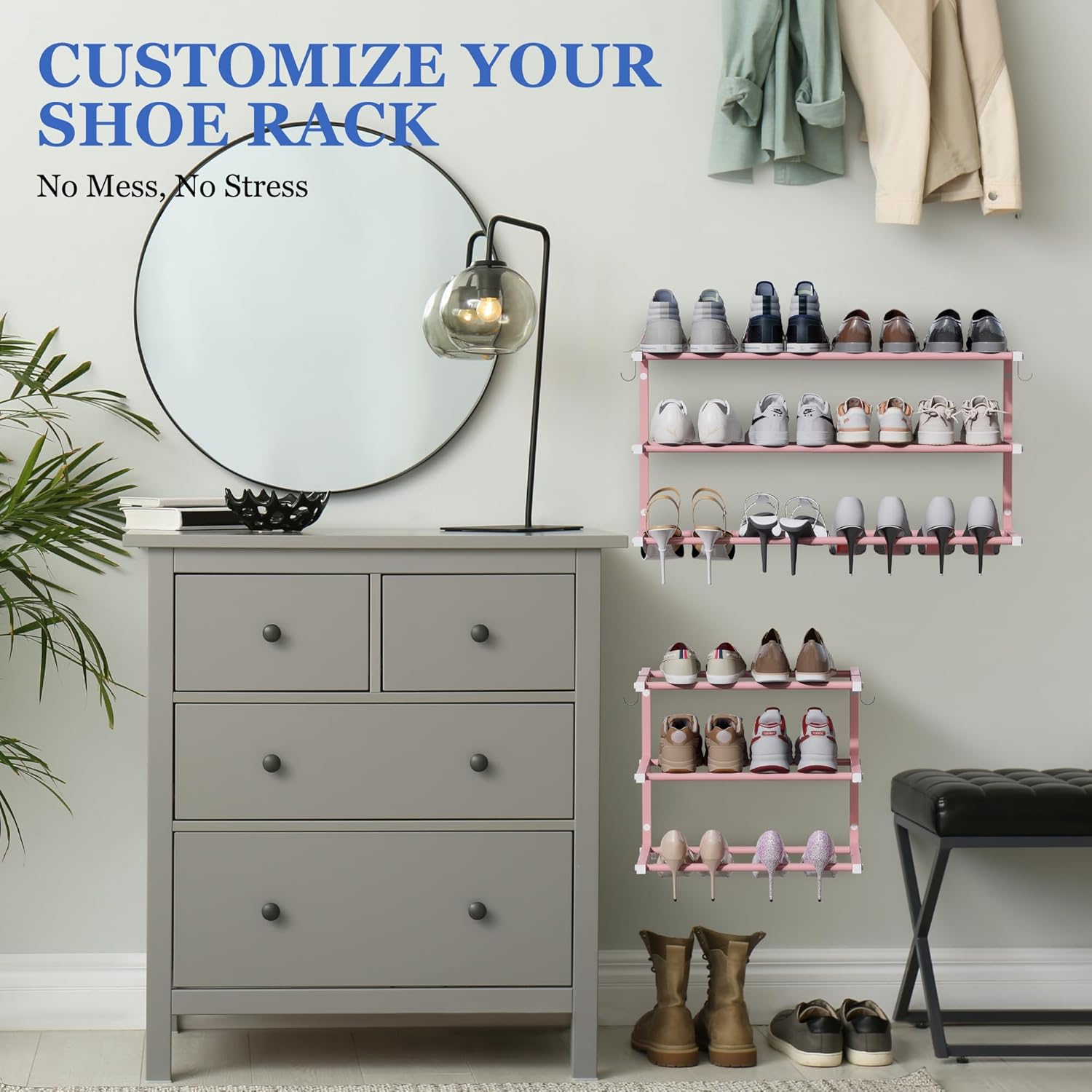 Wall Mounted Shoe Rack, 3 Tier Hanging Shoe Rack Holds 12 Pairs, 17"-30" Adjustable Heavy Duty Metal Shoe Organizer Holder with 2 Storage Hooks, Space Saving for Closet Entryway Doorway（Pink
