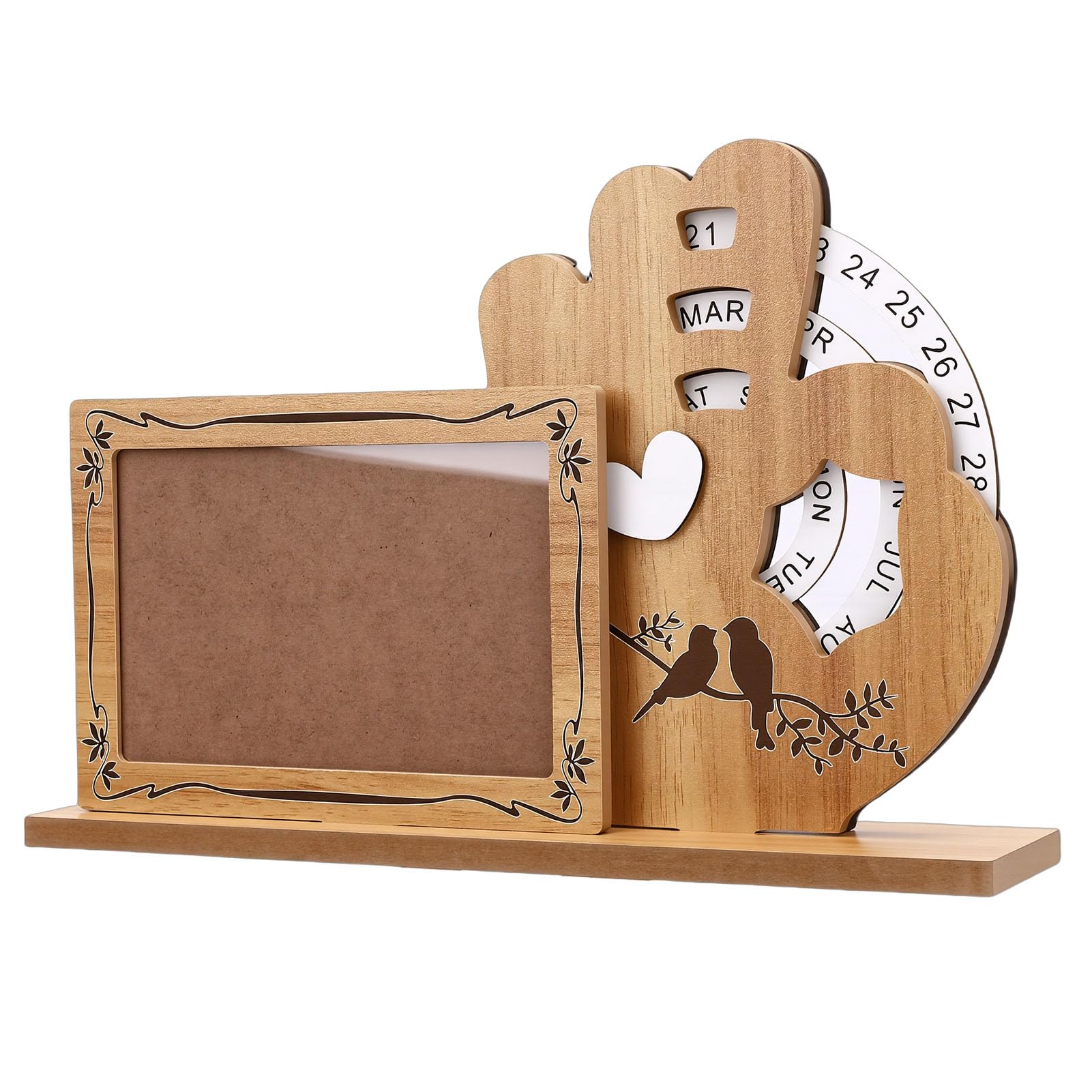 Pissente Perpetual Calendar Picture Frame, Rotating Wooden Photo Display with Customizable Insert for Home Office Desk Decor and (OK)