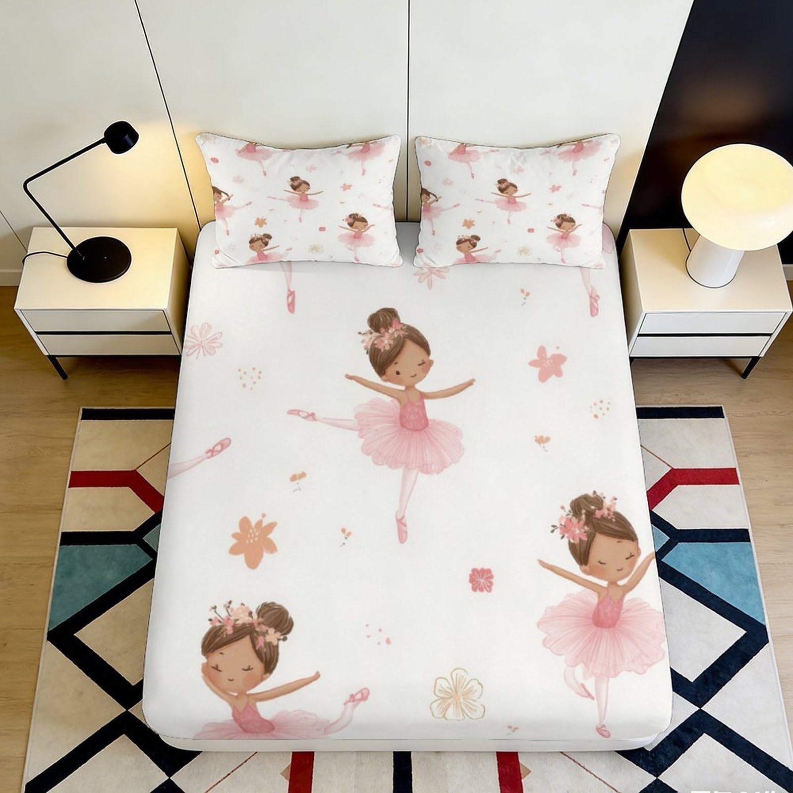 3D Printed Ballet Princess Fitted Sheet Microfiber Pink Ballerina Bed Cover for Bedroom Dorm Mattress Protection Decor 90x200x25cm