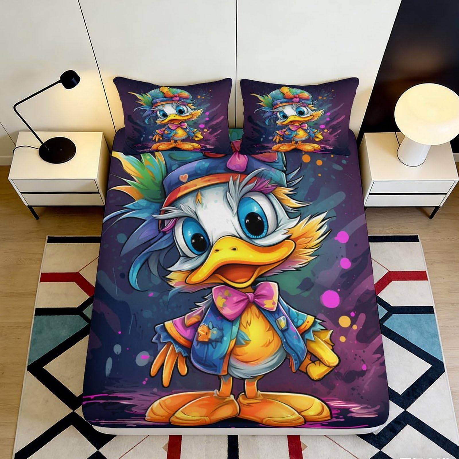 3D Printed Cartoon Duck Fitted Sheet Microfiber Soft Colorful Graffiti Bed Sheet for Bedroom Dorm Mattress Decor 90x200x25cm