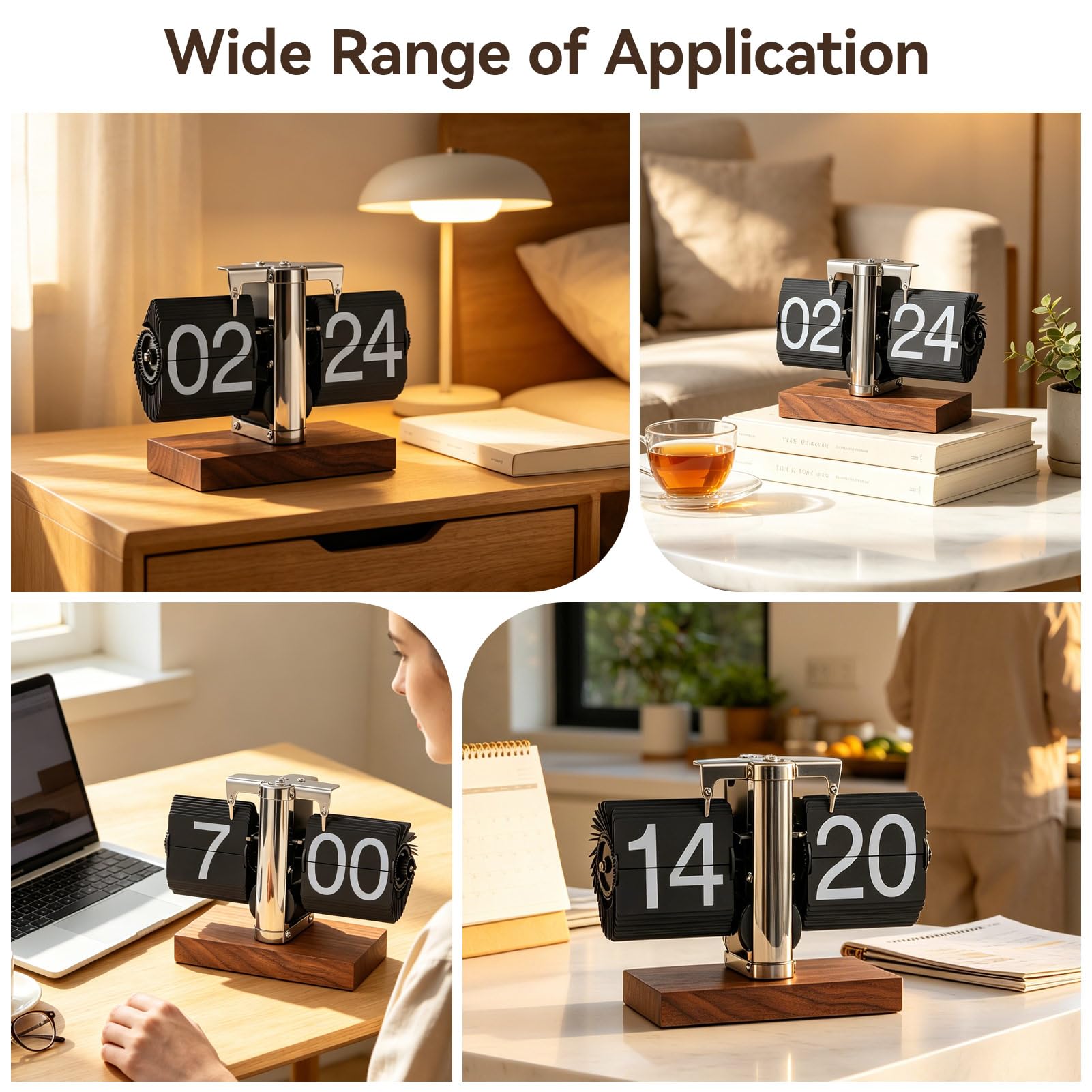 Retro Flip Vintage Desk Table Horloge, Mécanique Auto Flip Desk Clock Numéro 24h Base en Bois en Acier Inoxydable Table numérique rétro pour Le Bureau à Domicile