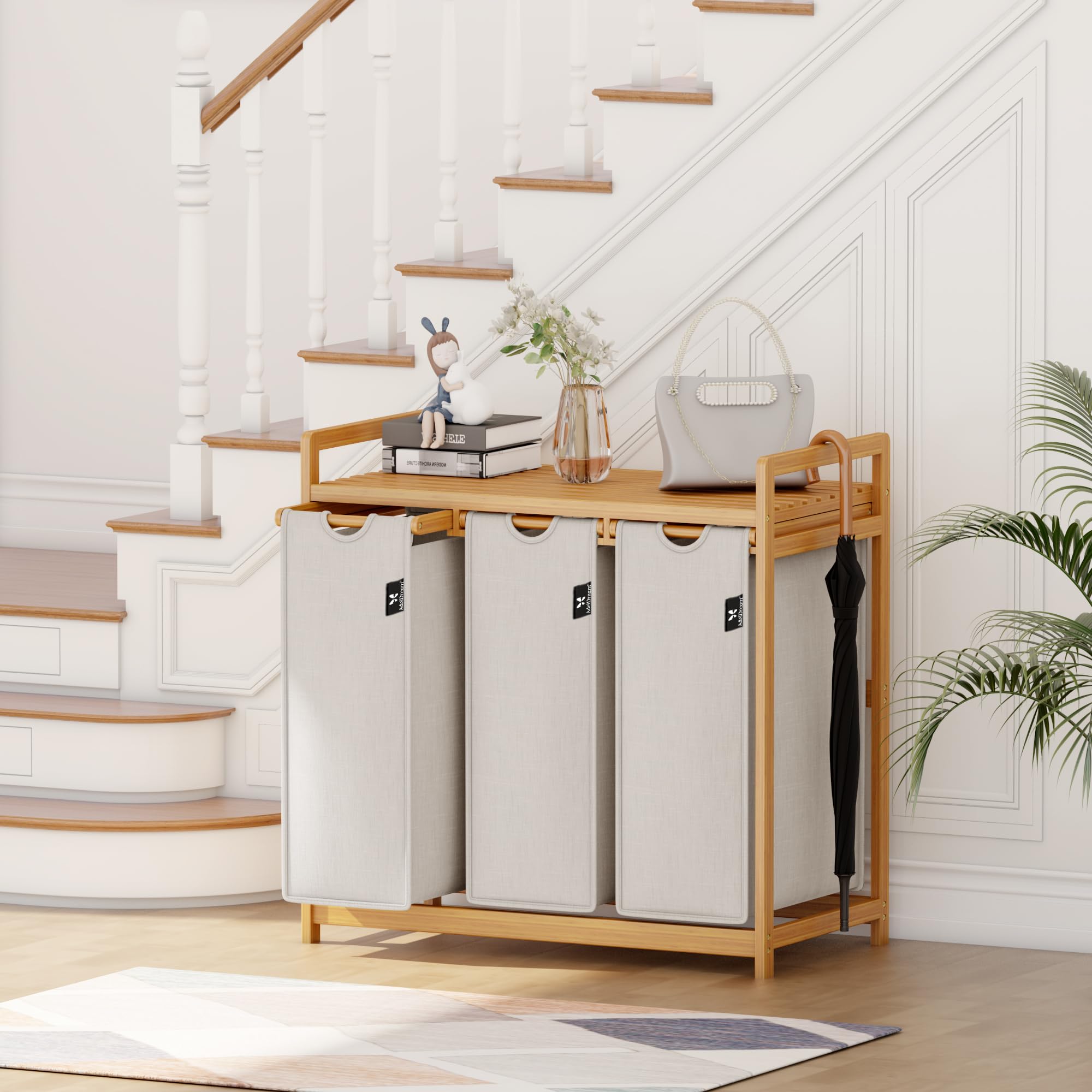 AdelDream Cesto Portabiancheria Cesto per Bucato 150L Organizzatore Lavanderia con 3 Scomparti in Bambù Selezionatore di Bucato Grigio Chiaro