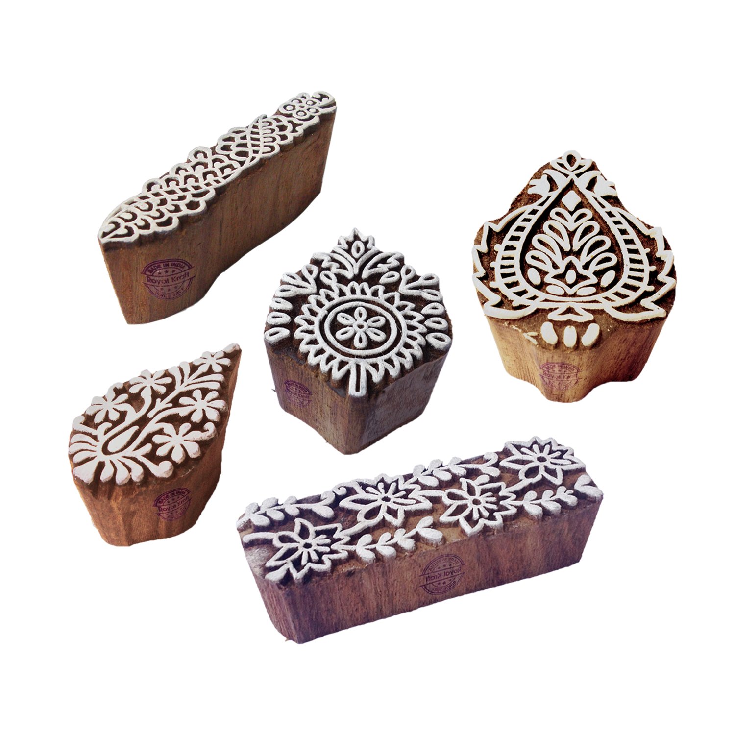 Clay Print Stamps Designer Floral Pattern Wood Blocks (Set of 5)
