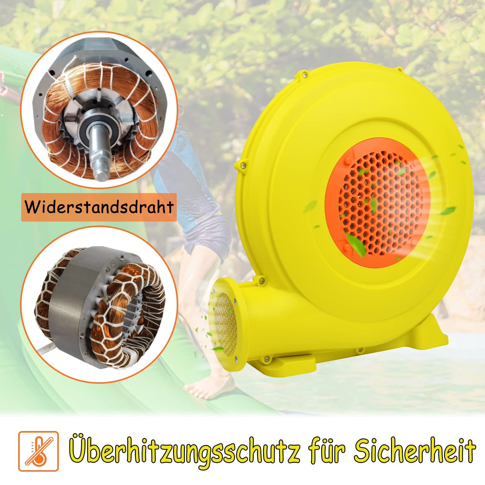 NAIZY Dmuchawa powietrza 750 W do zamku dmuchanego, 2100 Pa, 580 m³/h, elektryczny wentylator promieniowy z gwoździami podłogowymi, nadmuchiwana zabawka, pompa turbo