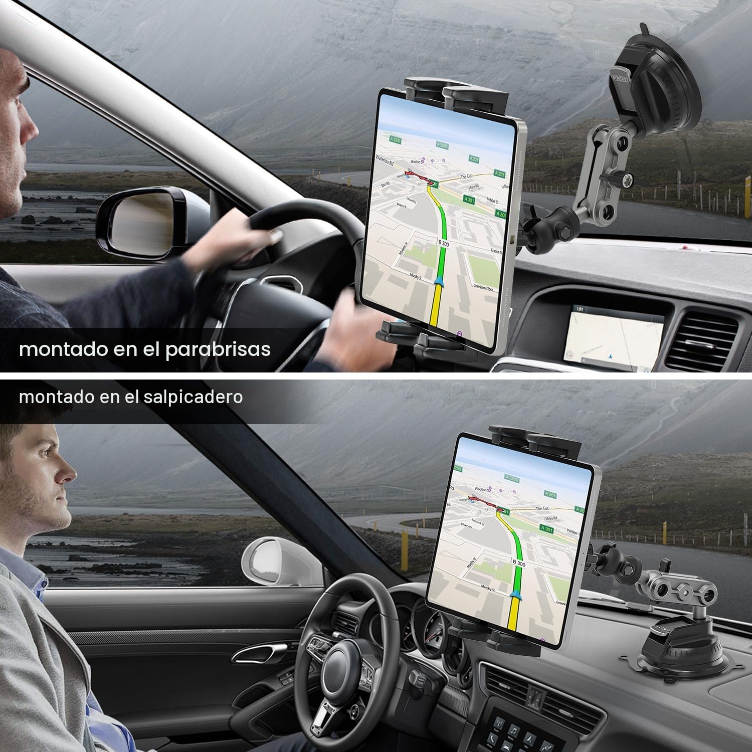 Soporte Tablet Coche, Rotación de 360 Grados Soporte iPad Salpicadero, Pie Tablet de Pared para iPad/Pro/Mini/Air iPhone, Smartphones y Tablets 4,7-12,9" para Coche, Pared, Escritorio