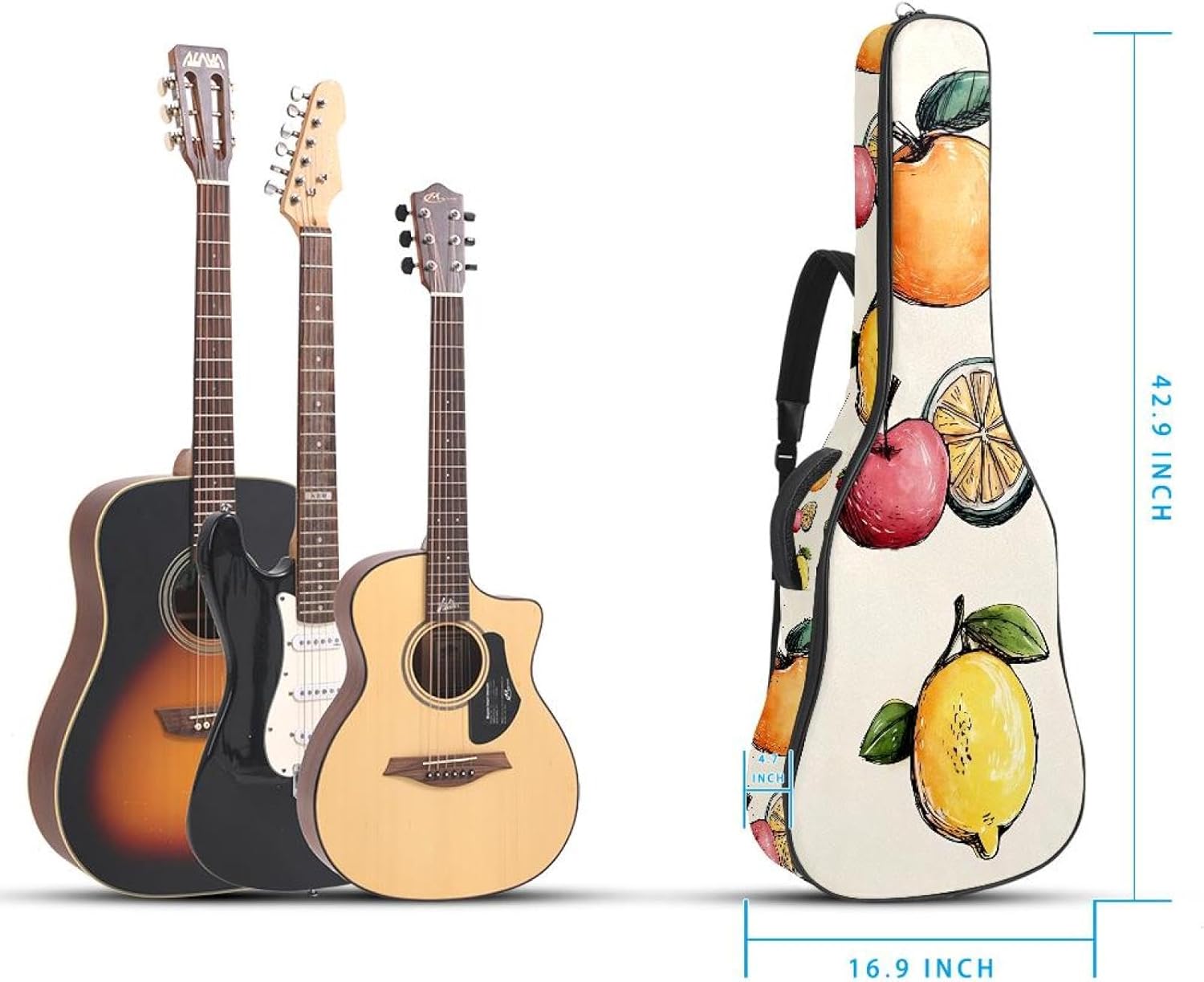 Set of Summer Fruits Cute Pattern Acoustic Guitar Gig Bag, 1 cm Thick Padding Waterproof Guitar Bag Backpack for 40 41 42 Inch Electric Bass Classical Guitars