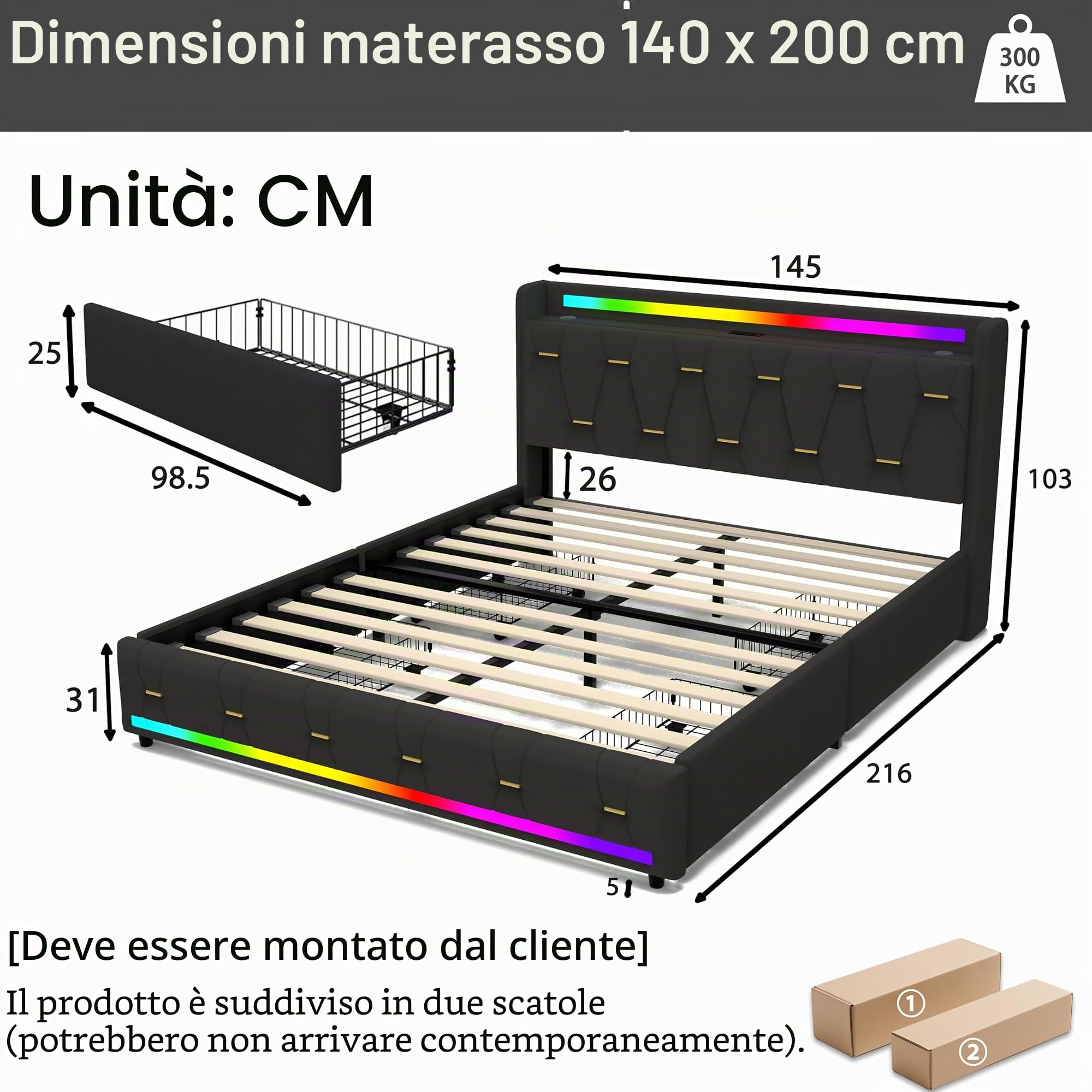 Struttura letto con cassetti portaoggetti 140x200cm,velluto,nero
